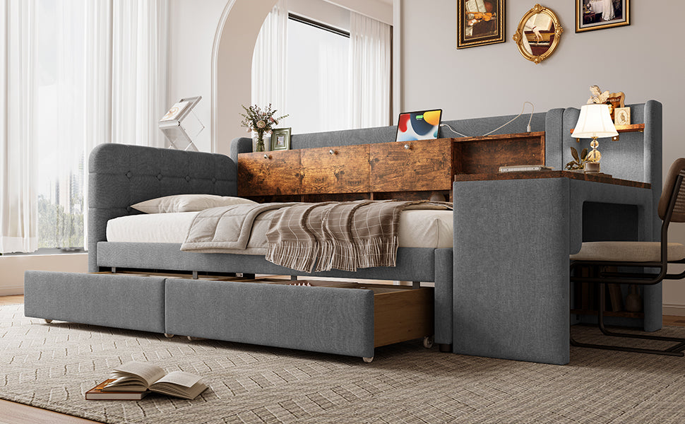 Logidon Daybed 90x200 cm slaapbank met bureau grijs USB Type C