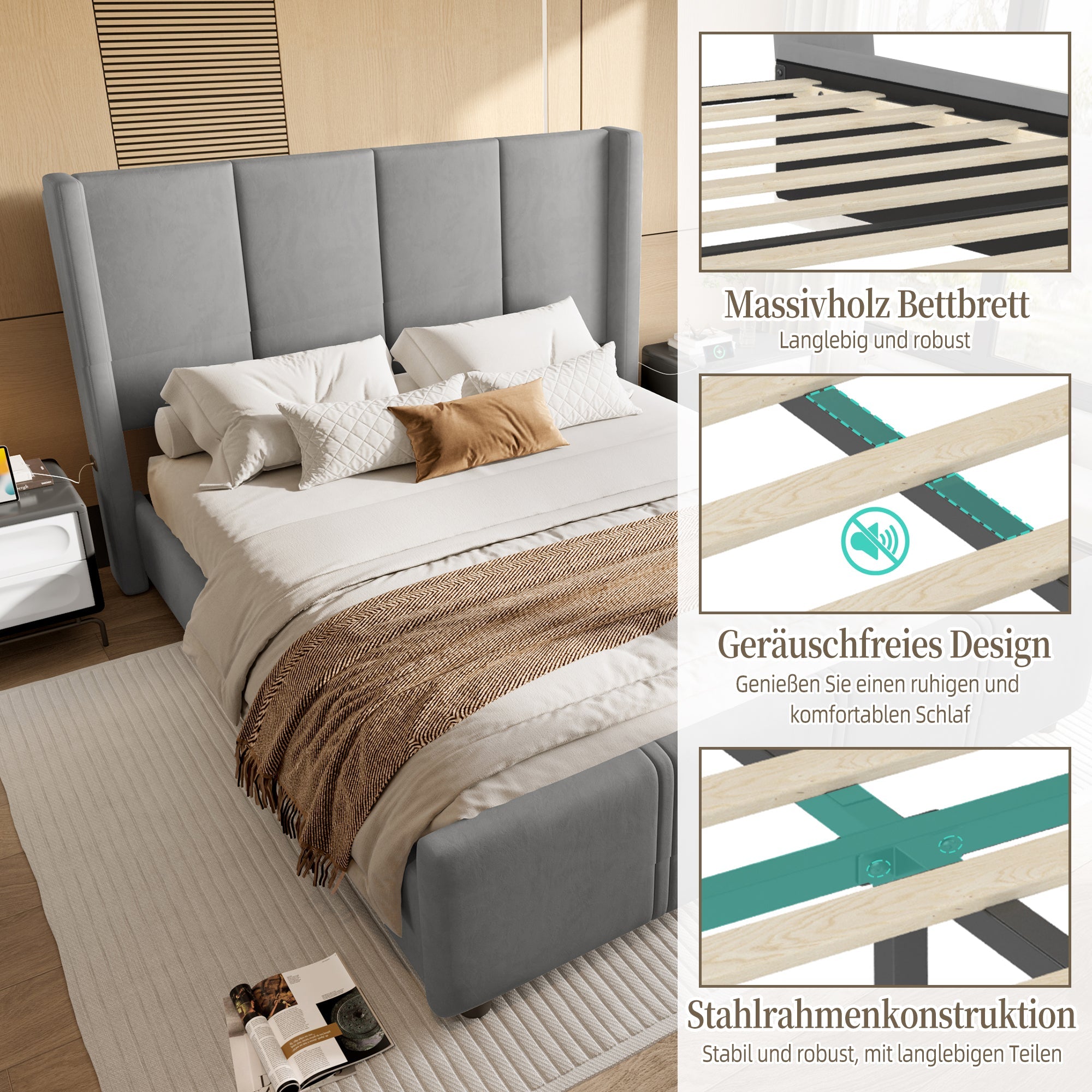 Logidon gestoffeerd bedframe 140x200 cm grijs met USB aansluiting