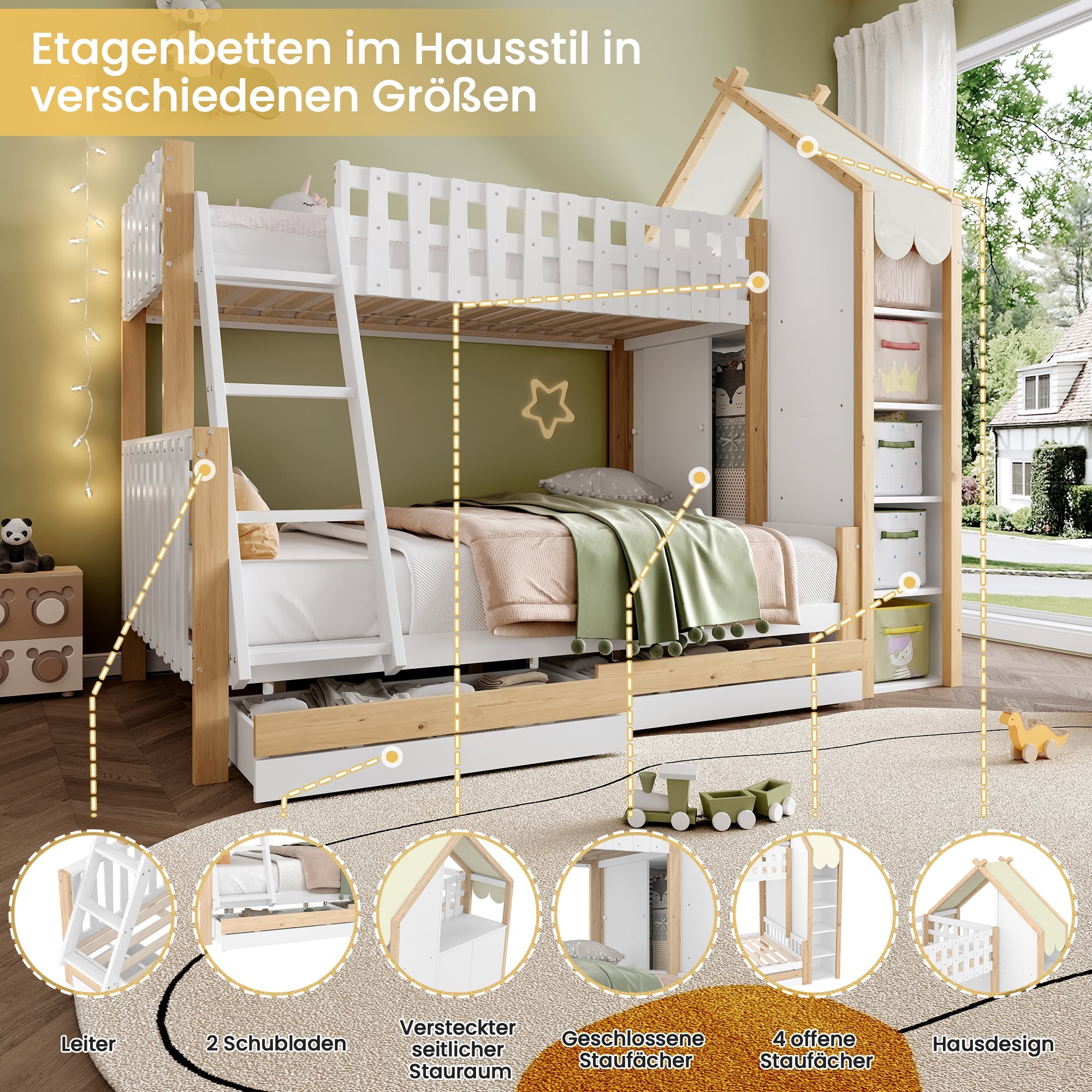 Logidon stapelbed 90x200 en 140x200 wit naturel met 2 lades