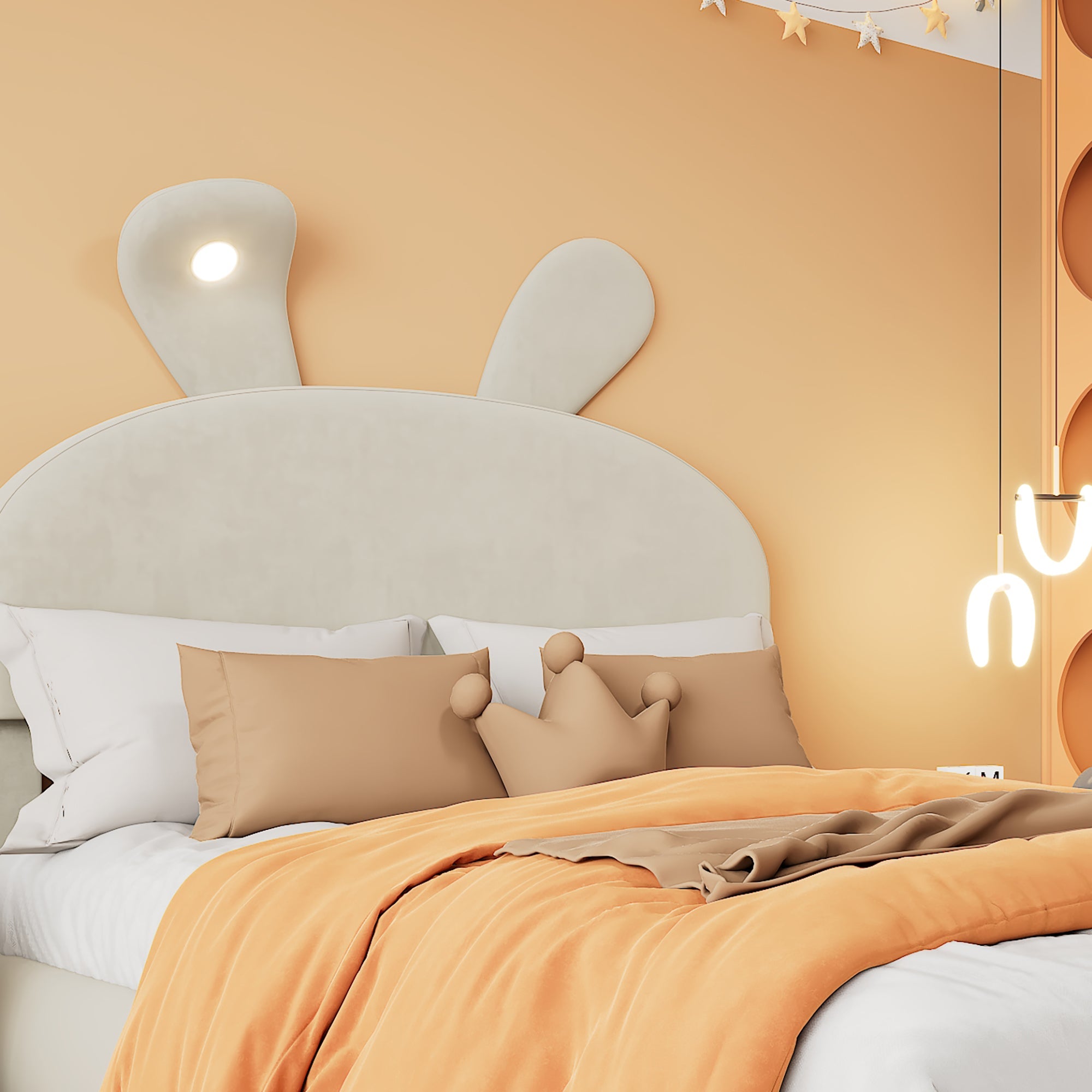 Logidon gestoffeerd bed 90x200 beige fluwelen opbergkruk met konijnenoren