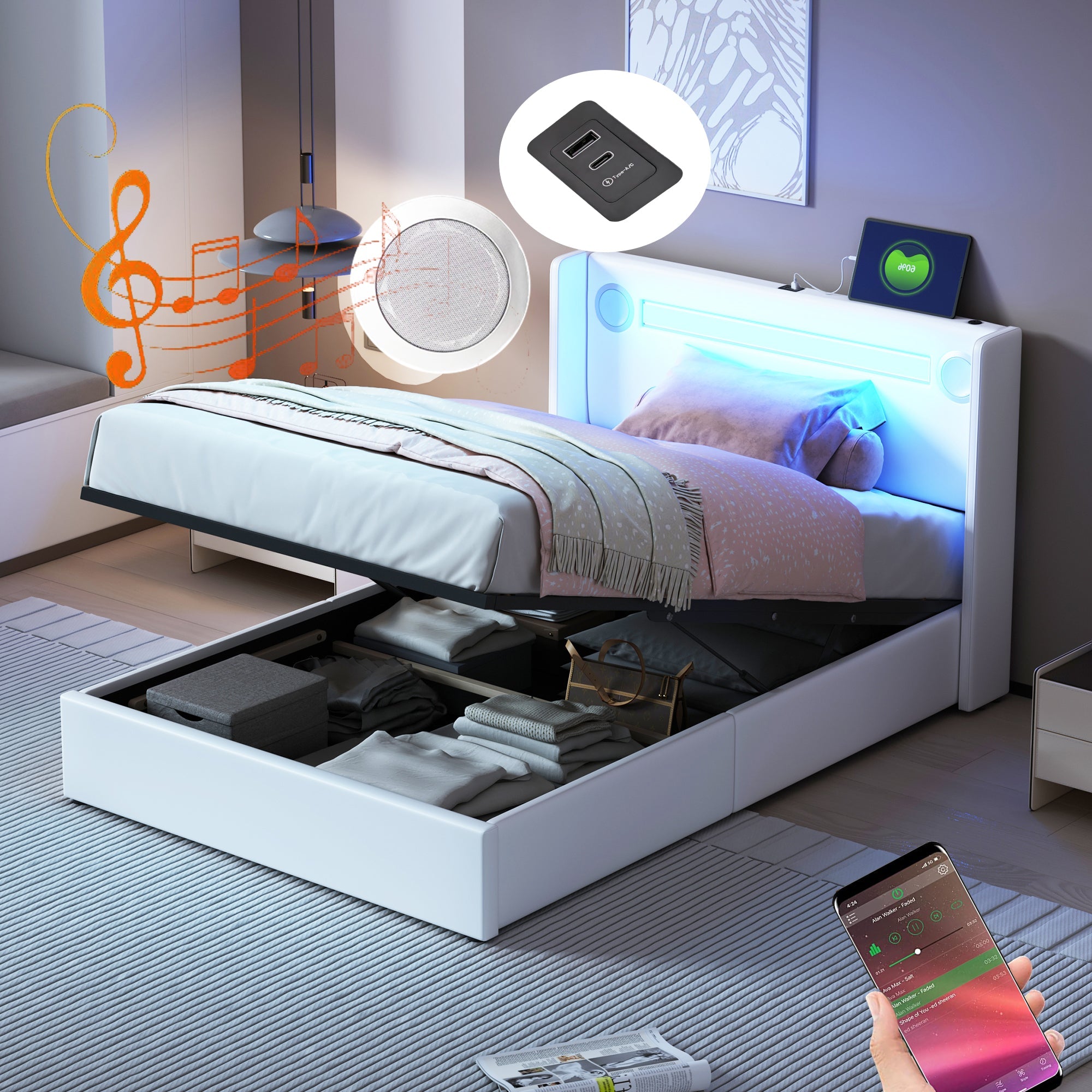 Logidon gestoffeerd bed 90x200 hoogslaper met LED lichtstrip USB wit