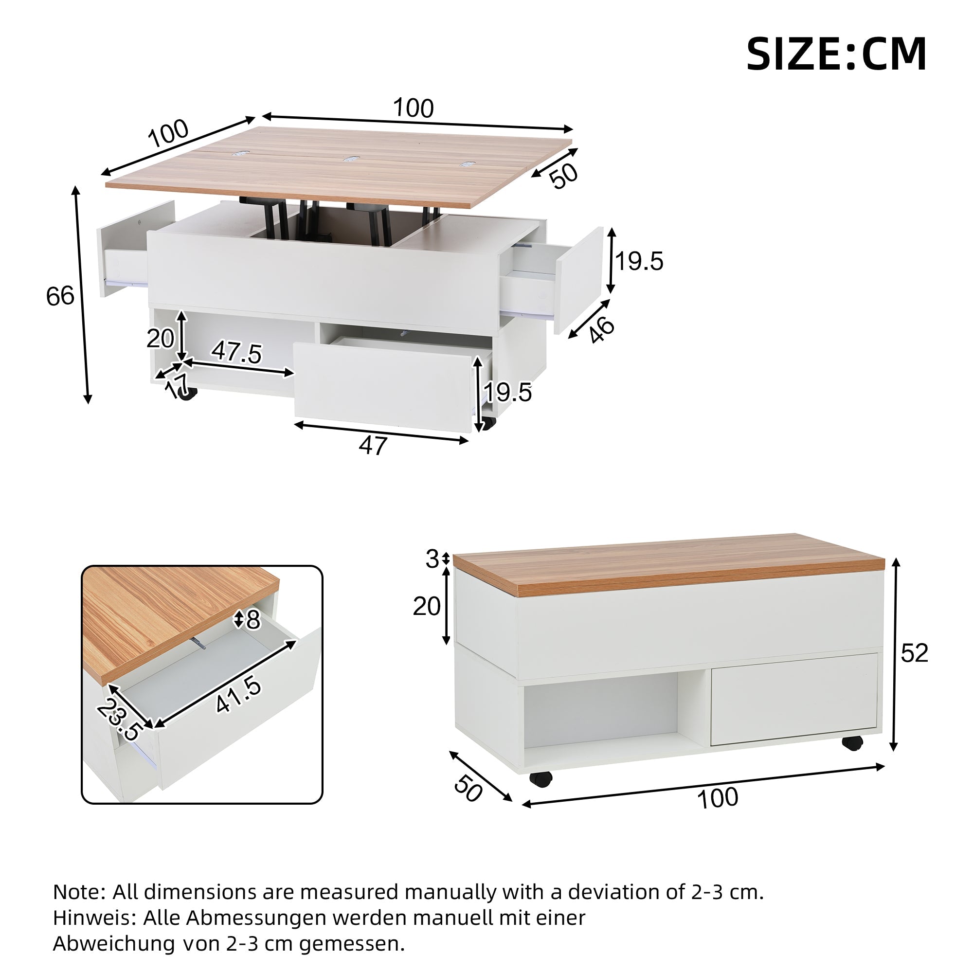 Logidon salontafel Lift Top 100x50 wit houtlook met 4 lades