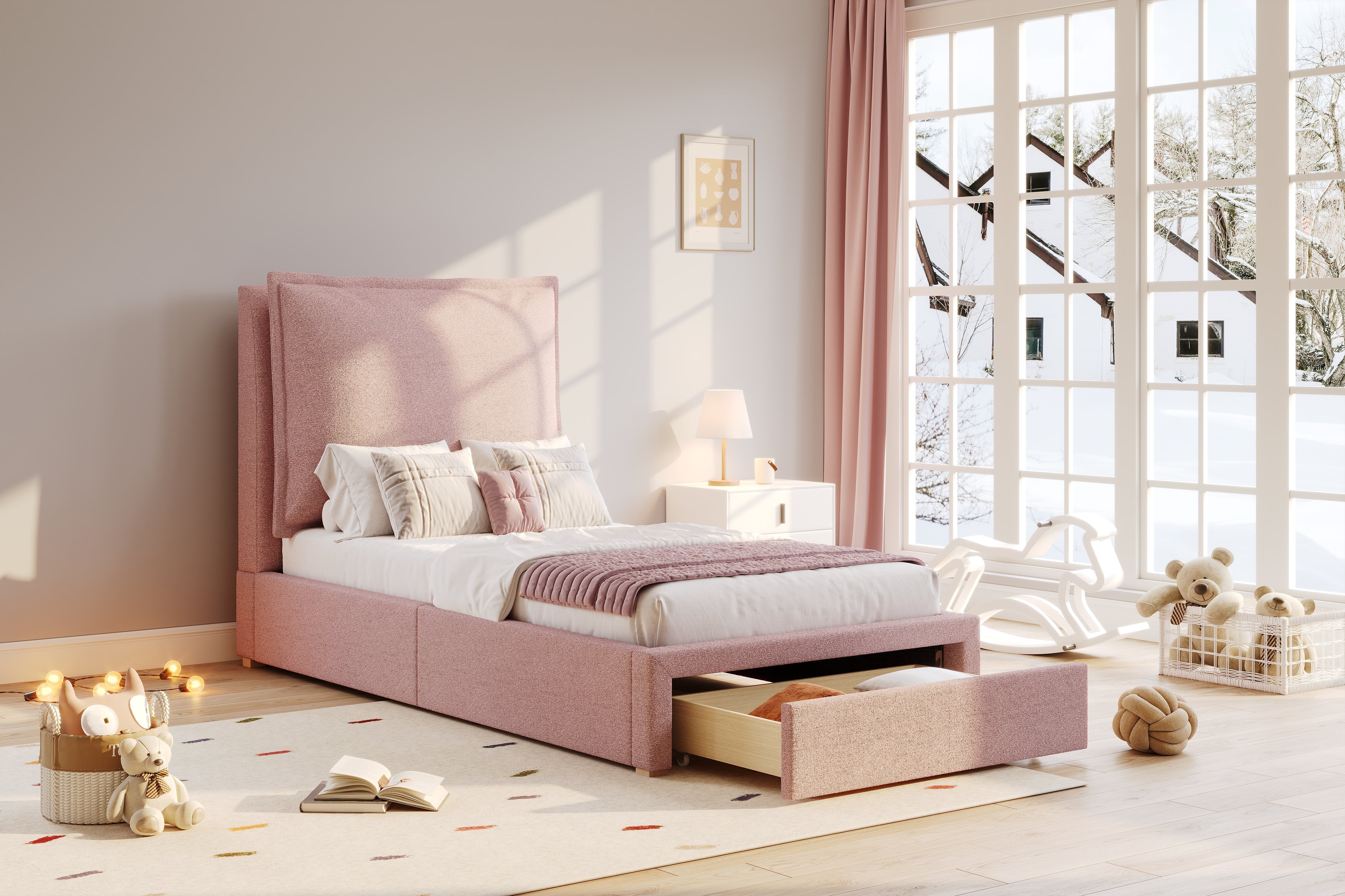 Logidon gestoffeerd bed 90x200 roze chenille met opbergruimte en lattenbodem