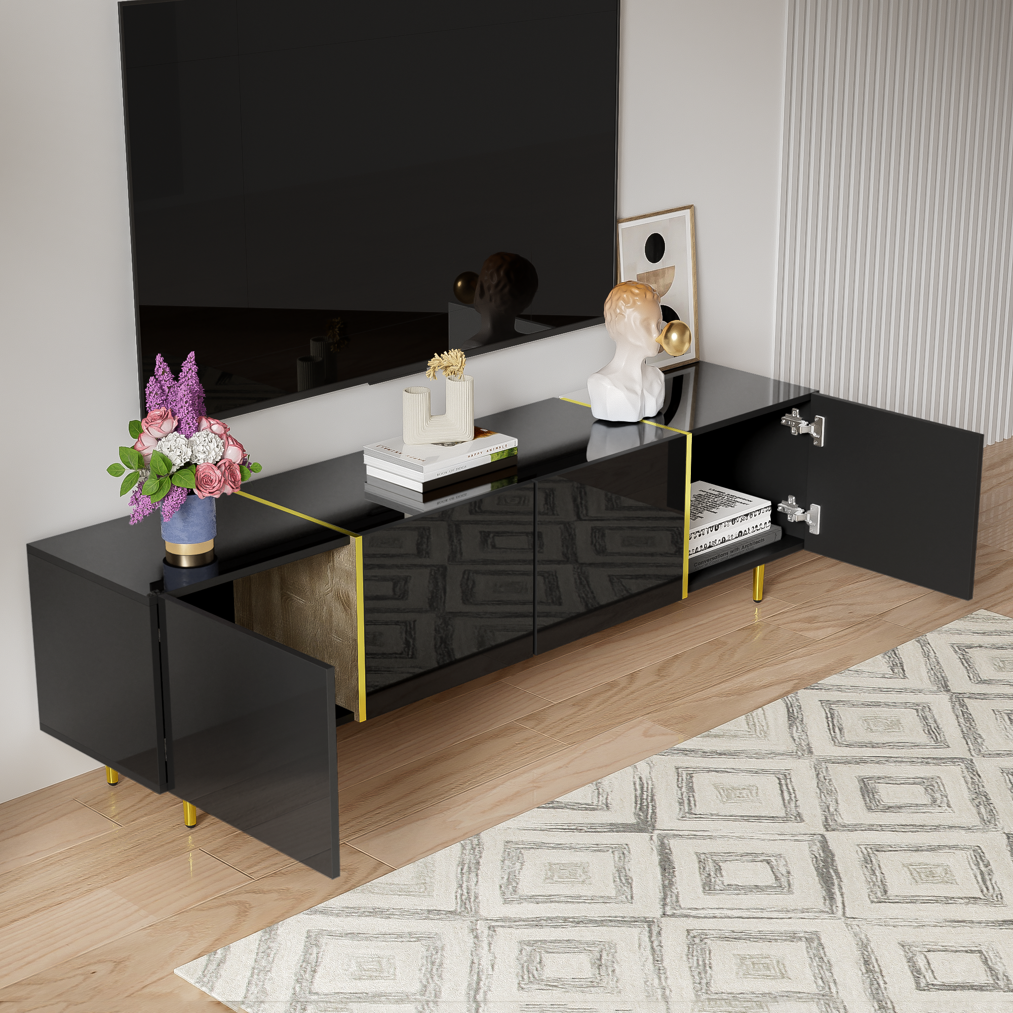 Logidon high-gloss TV cabinet 170 cm black-gold, 4 doors, modern