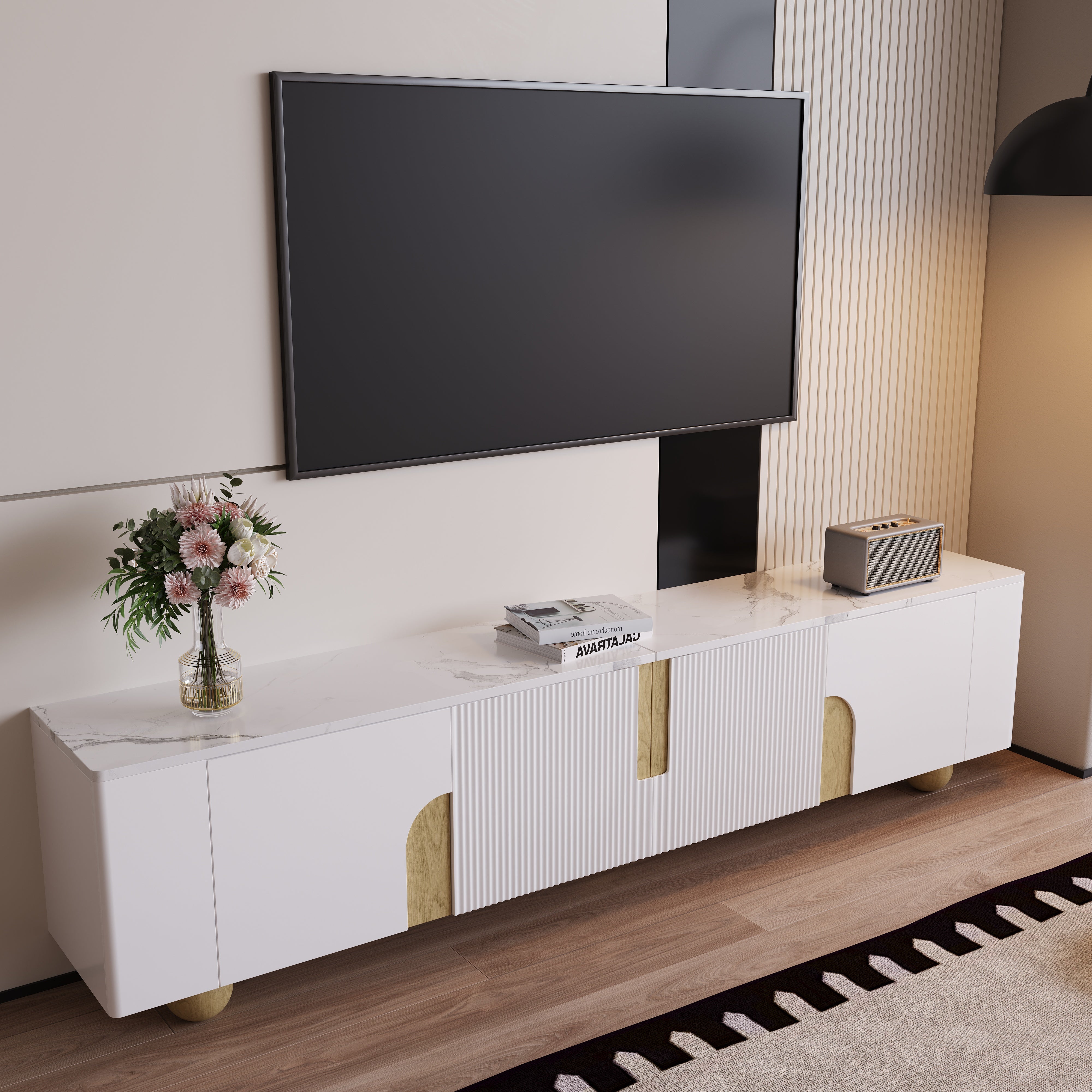Logidon Wit TV-meubel 180 cm - 4 deuren, marmerlook, houten poten