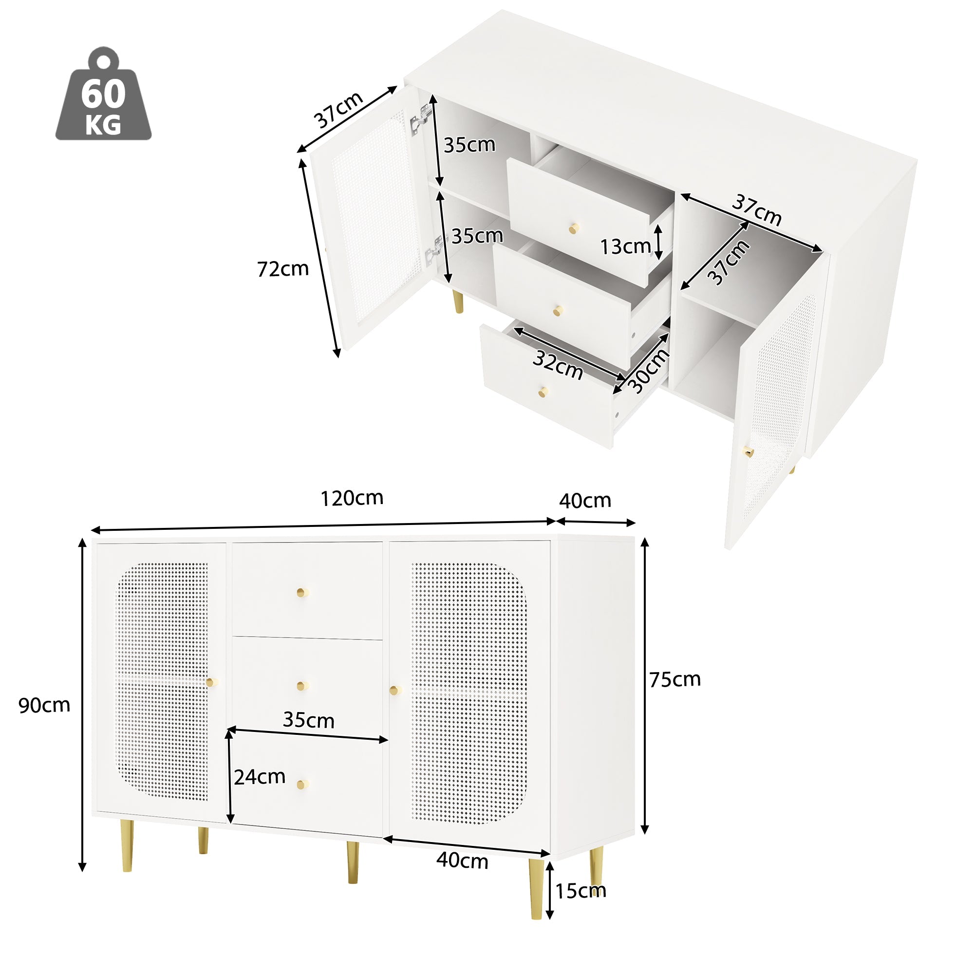 Logidon dressoir met rotan deuren wit 120 x 40 x 90 cm