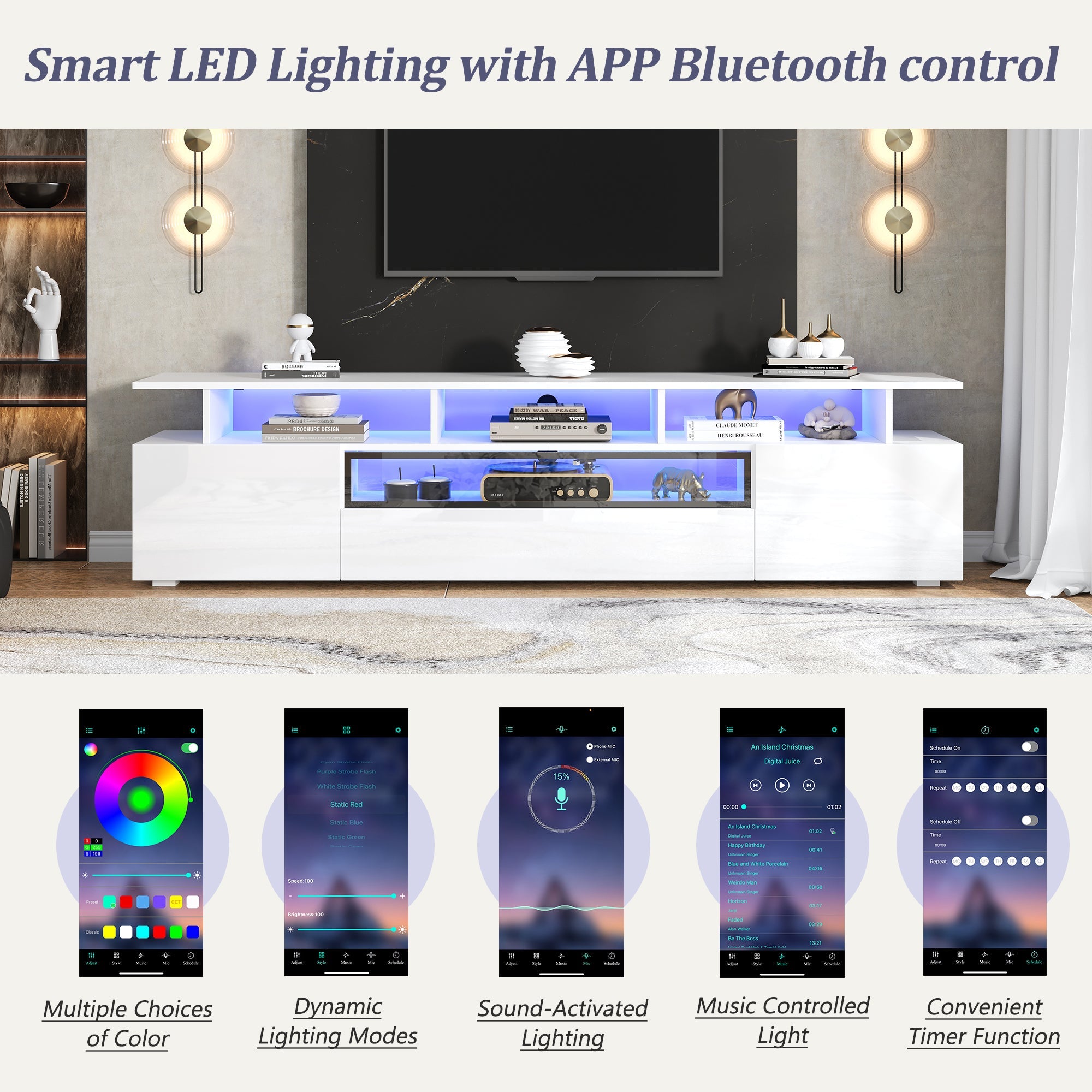 Logidon TV-meubel wit 180x38x45 cm met LED-verlichting 2 deuren 1 lade