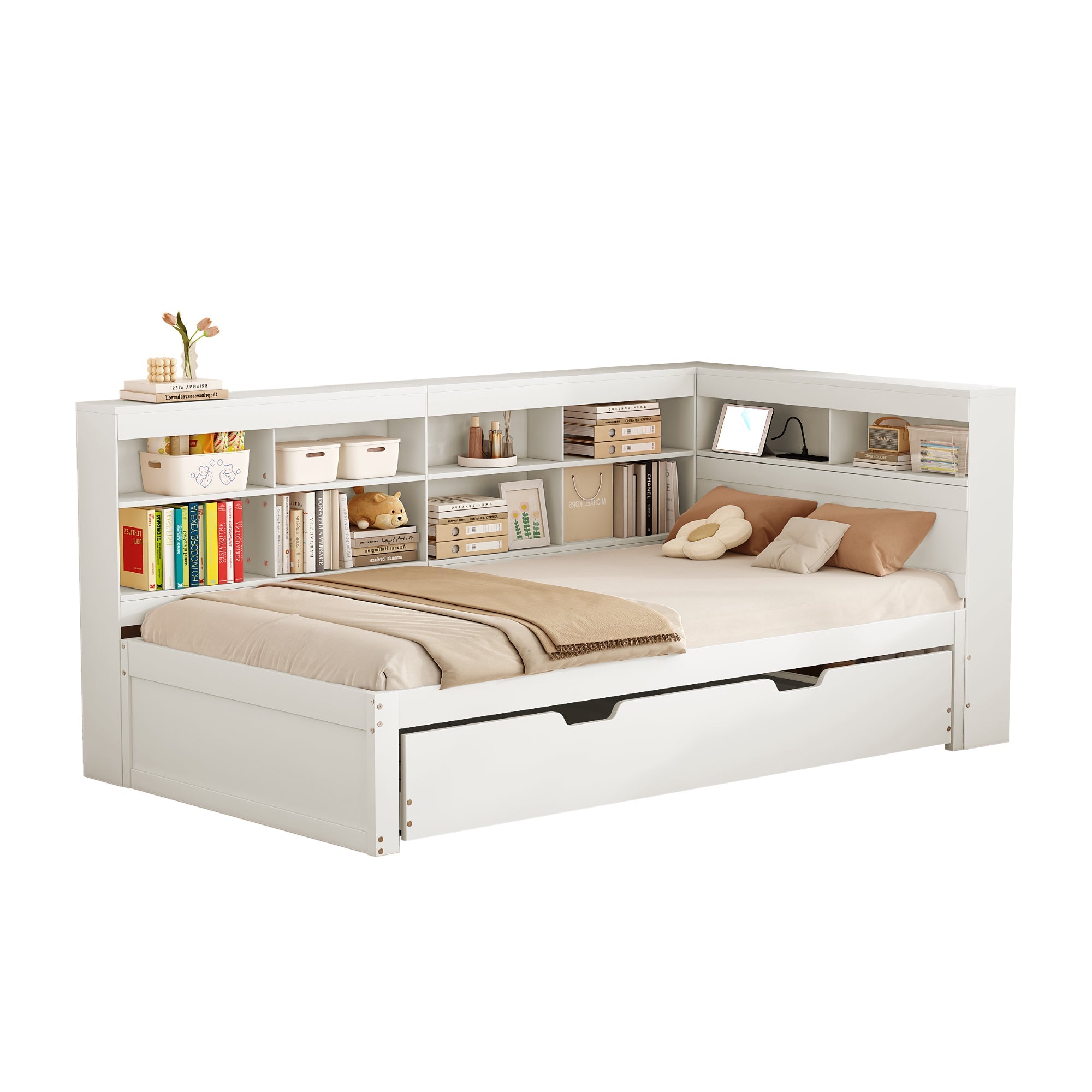 Logidon slaapbank 90x200 uitschuifbaar bed 90x190 USB wit