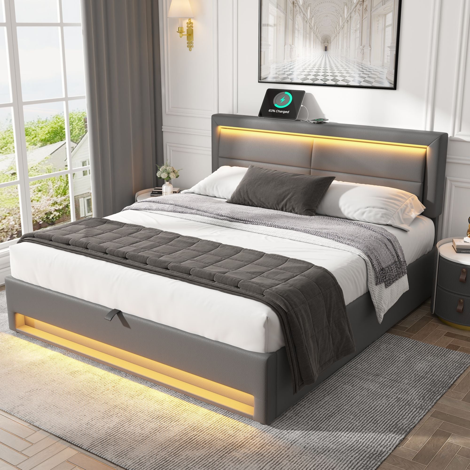 Logidon gestoffeerd bed 160x200 cm grijs met USB oplaadpunten LED verlichting