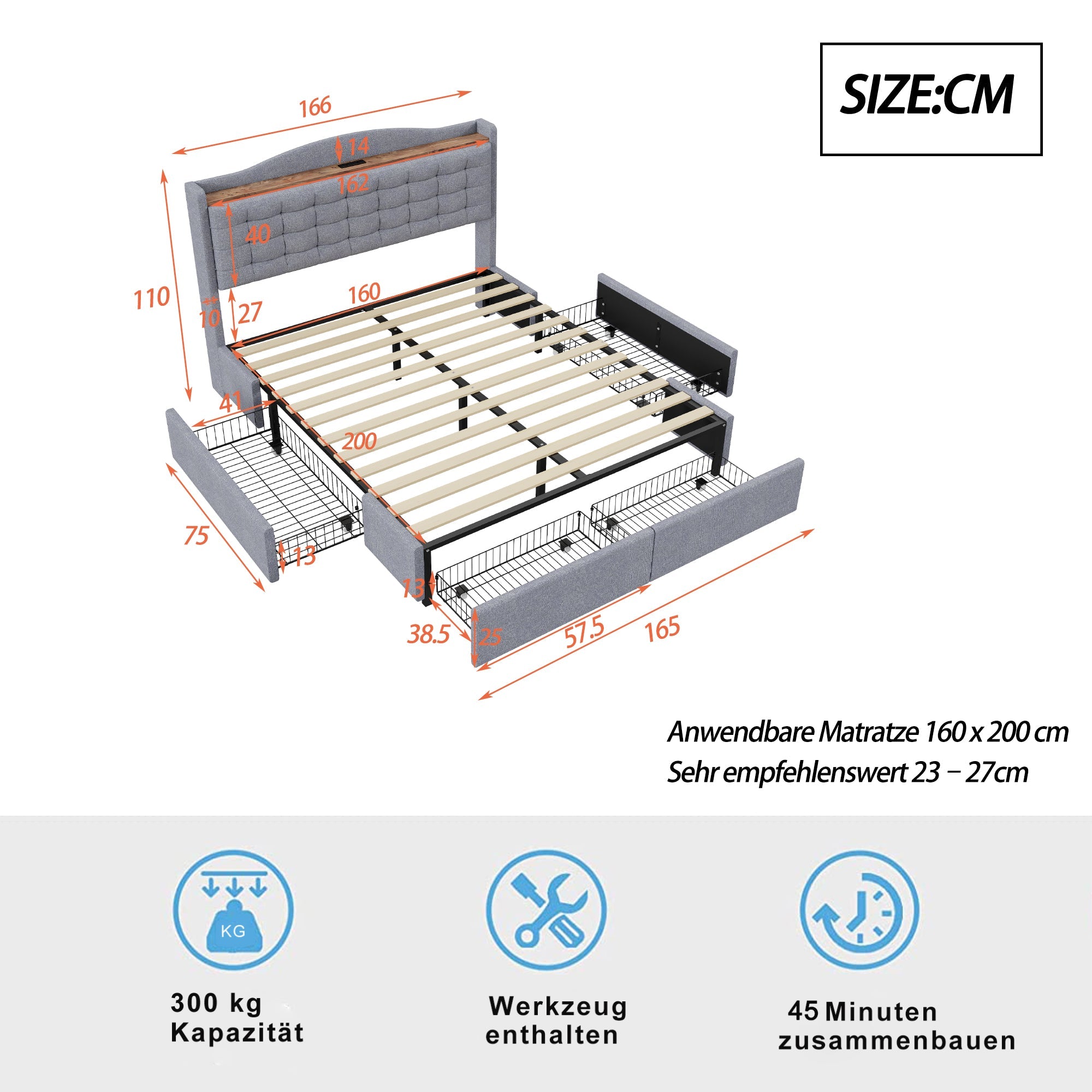 Logidon gestoffeerd bed 160x200 grijs USB-oplaadpoort
