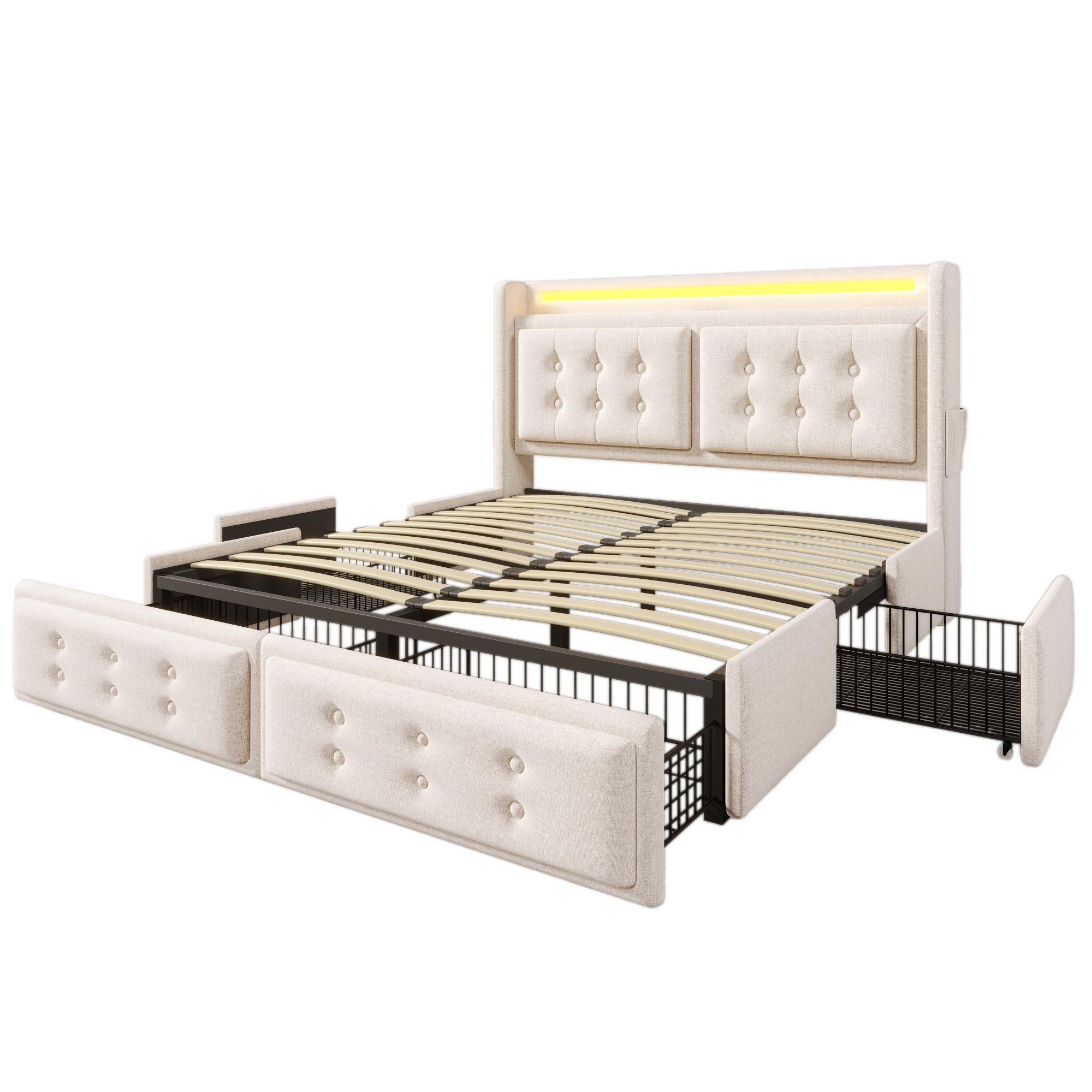 Logidon gestoffeerd bed 160x200 beige LED hoofdbord USB C oplaadfunctie 4 lades