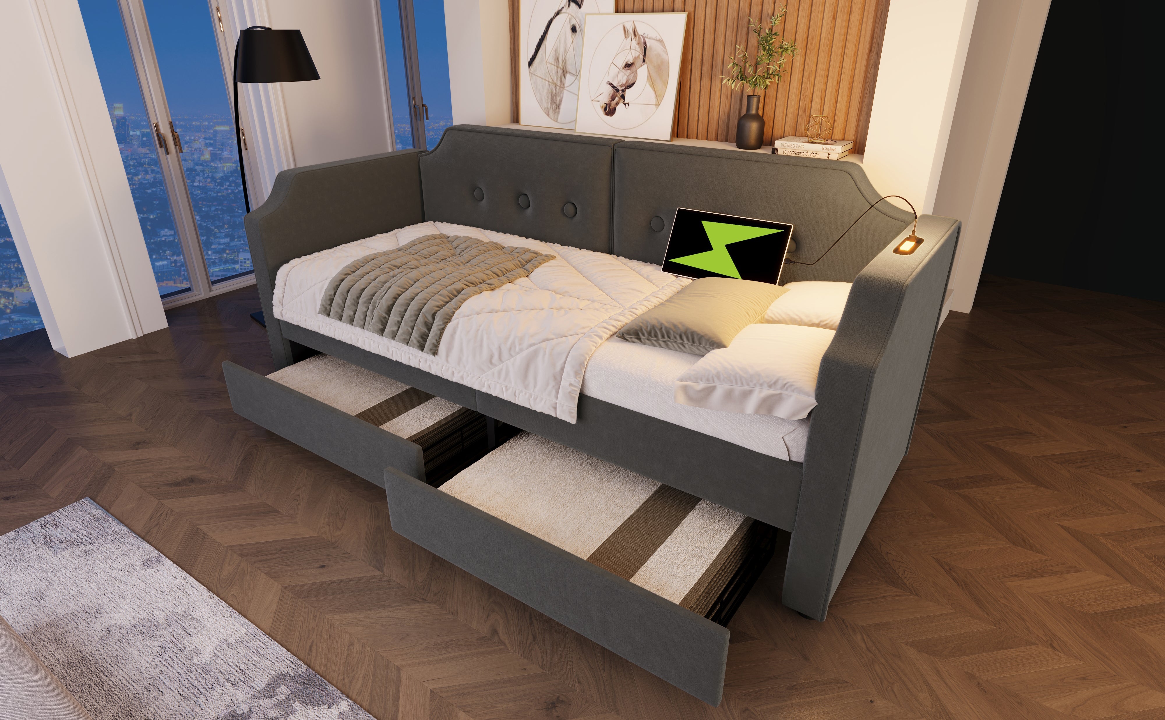 Logidon gestoffeerde slaapbank 90x200 cm fluweelgrijs USB-leeslamp
