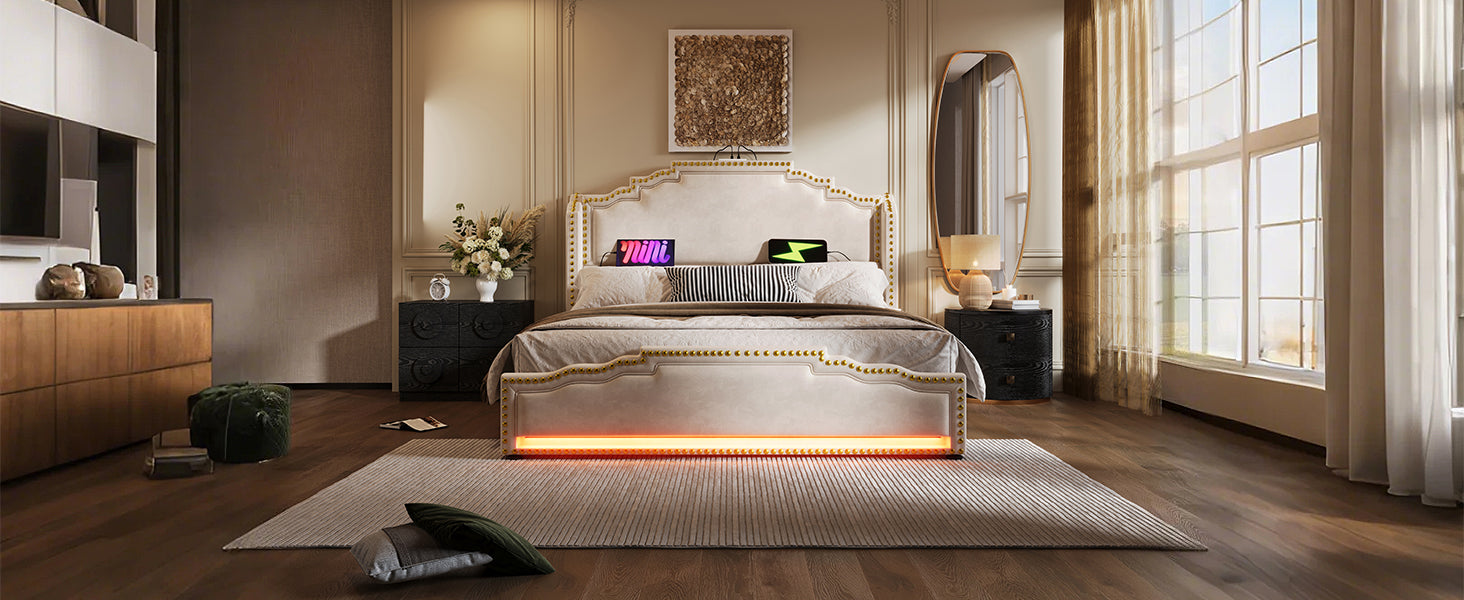 Logidon gestoffeerd bed 140x200 beige met 4 lades LED USB-C