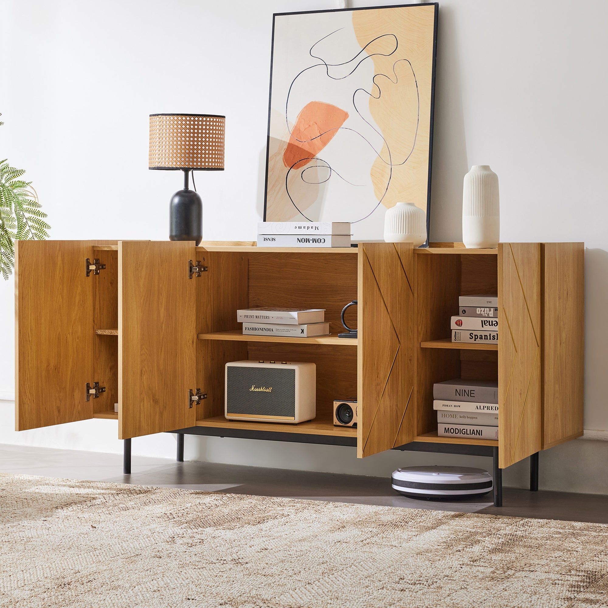 Logidon dressoir naturel hout met metalen inleg en 4 deuren 160 x 40 cm