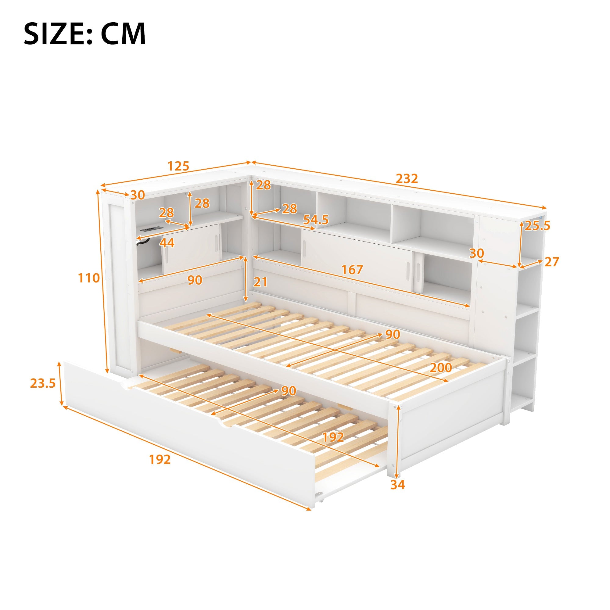Logidon daybed 90x200cm wit met uitschuifbaar bed en USB opbergvak