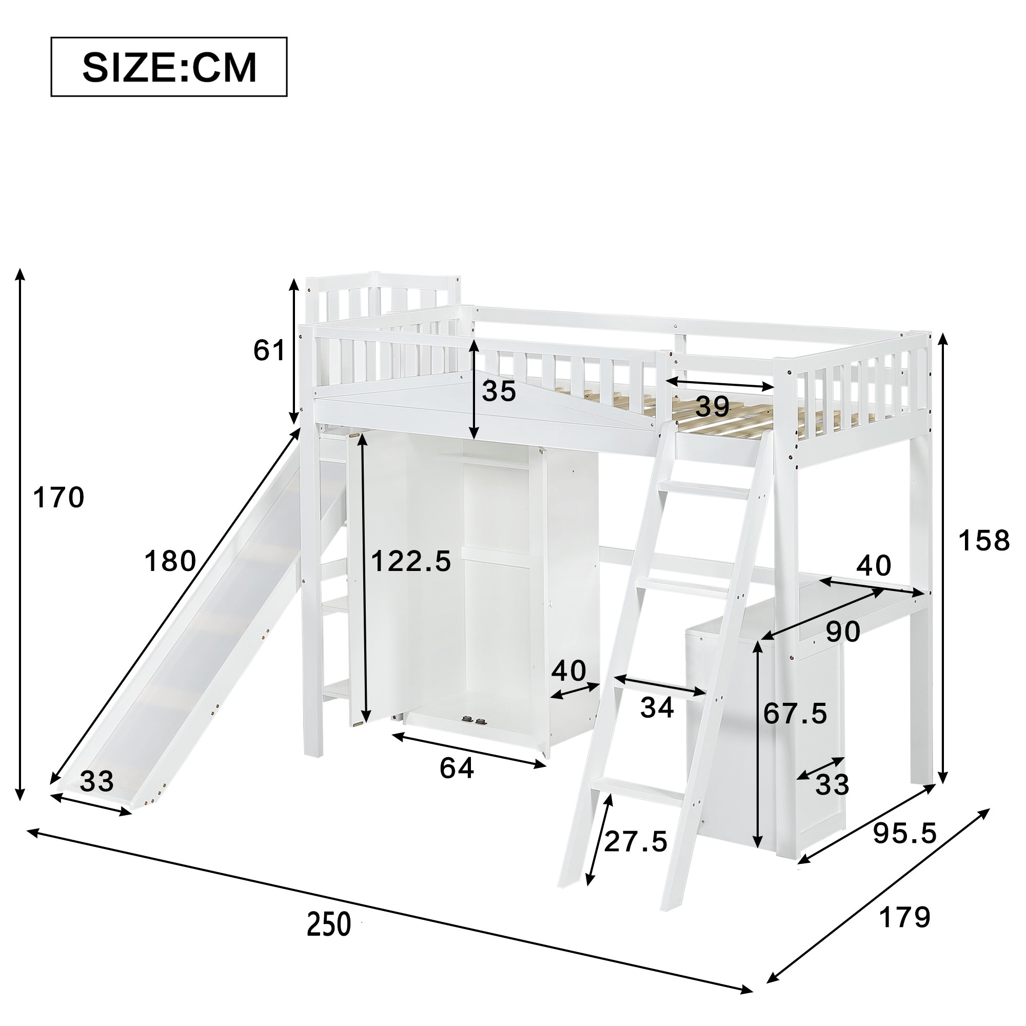 Logidon stapelbed kinderbed met tafel en kledingkast 90x200 wit
