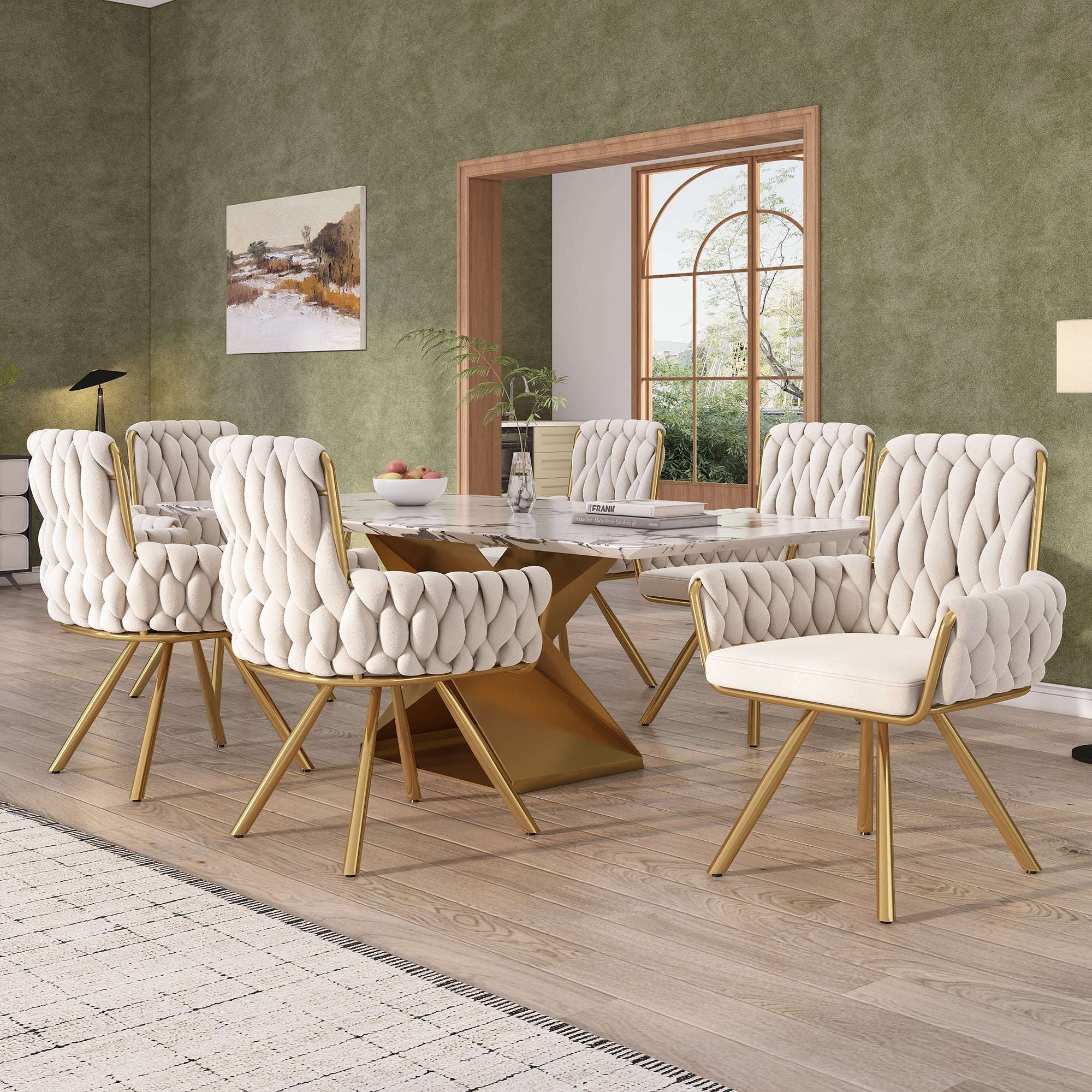 Logidon Luxe Velor Dining Table Chairs Set of 6 Beige Four-legged Swivel Chairs