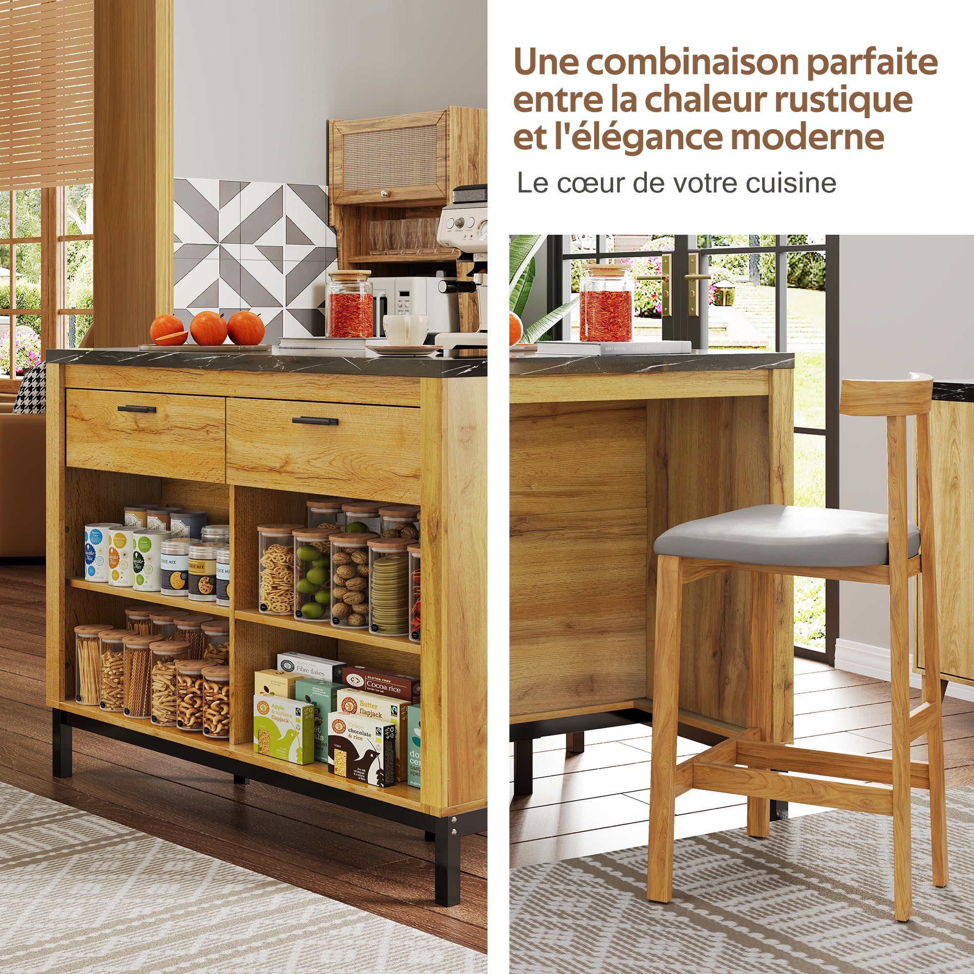 Logidon kitchen island country house style 120x75x90 cm with 2 drawers and 4 shelves