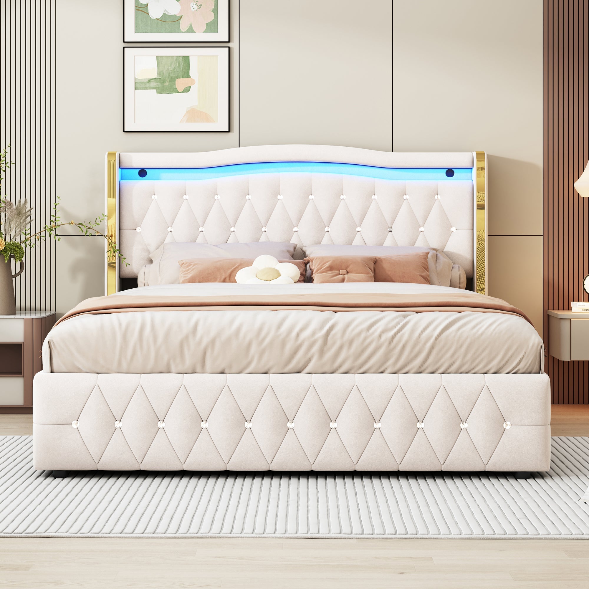 Logidon stoffen bed 160x200 beige fluweel LED-opbergruimte