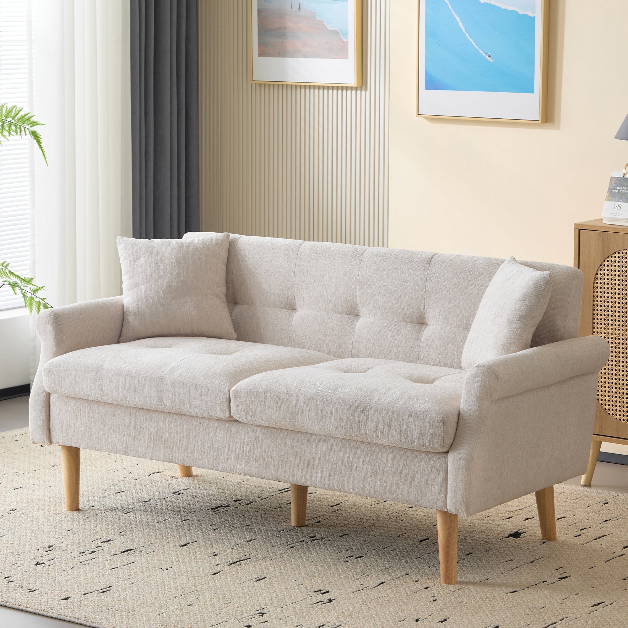 Logidon Chenille Tweepersoonsbank Beige Modern Design Gestoffeerd