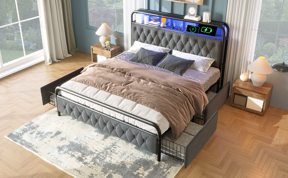 Logidon gestoffeerd bed tweepersoonsbed 160x200 fluweelgrijs USB-C oplaadfunctie LED