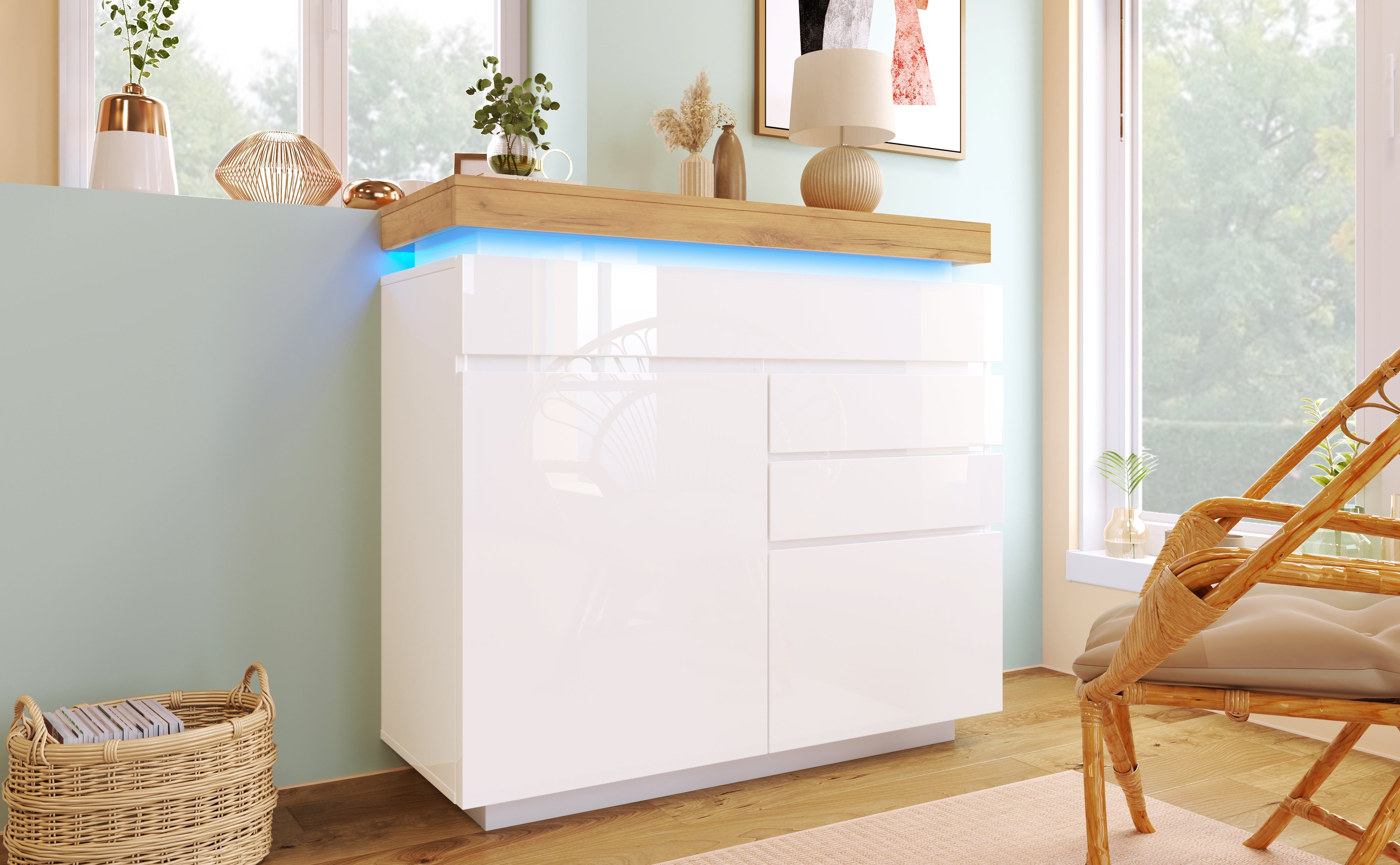 Logidon high gloss chest of drawers white LED lighting app control 2 doors