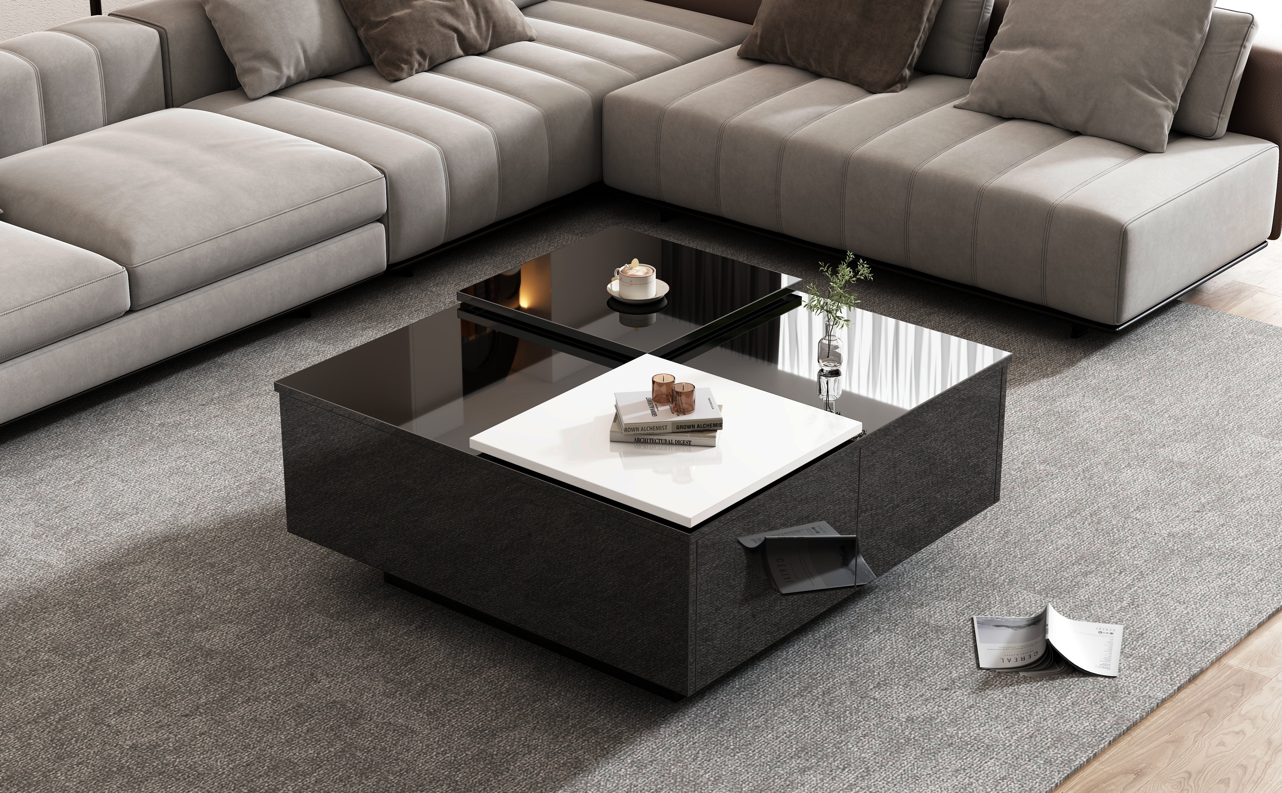 Logidon Hoogglans Salontafel Zwart Wit 75x75 Cm Met 4 Laden