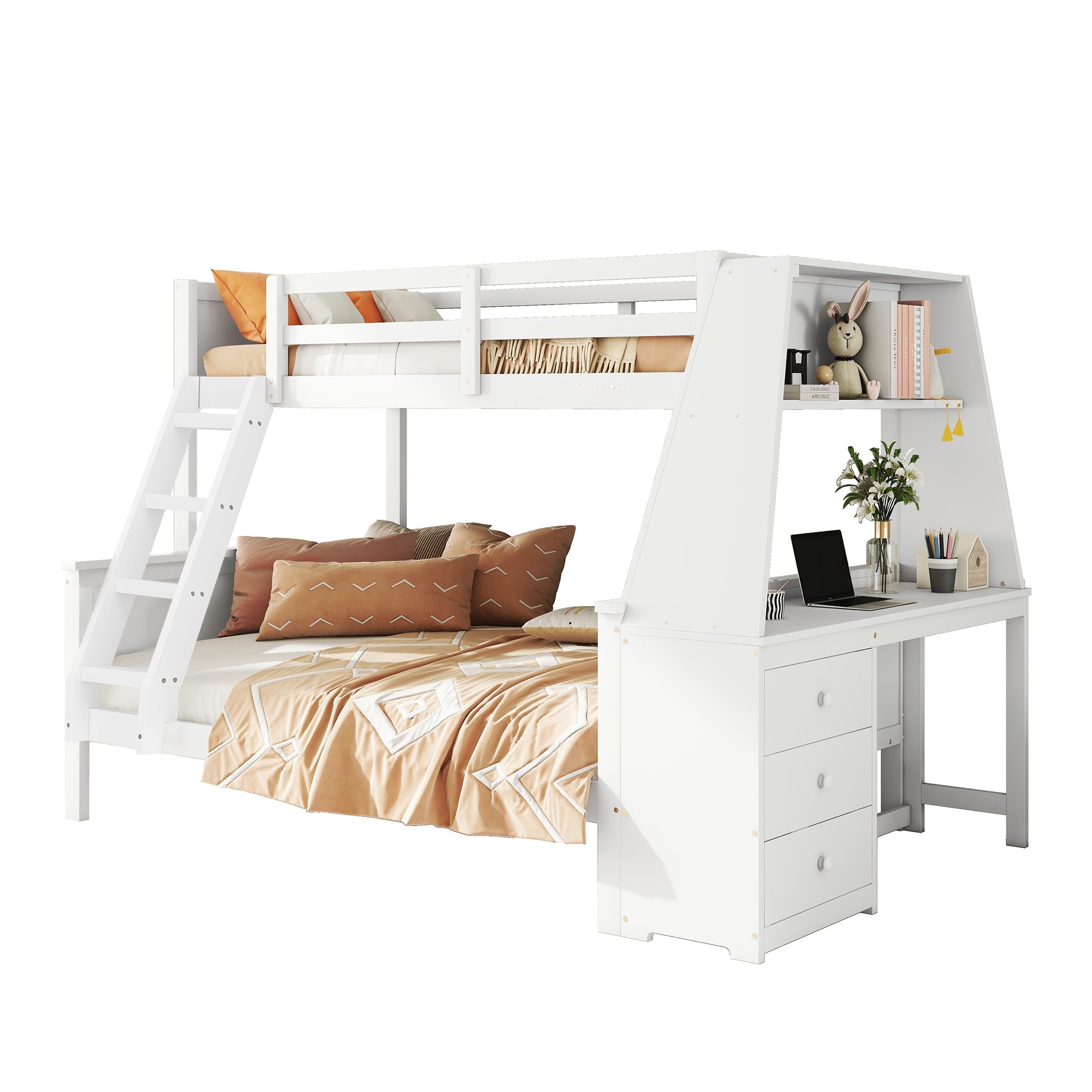 Logidon Bunk Bed 90x200 and 140x200 with Table and Storage Space White