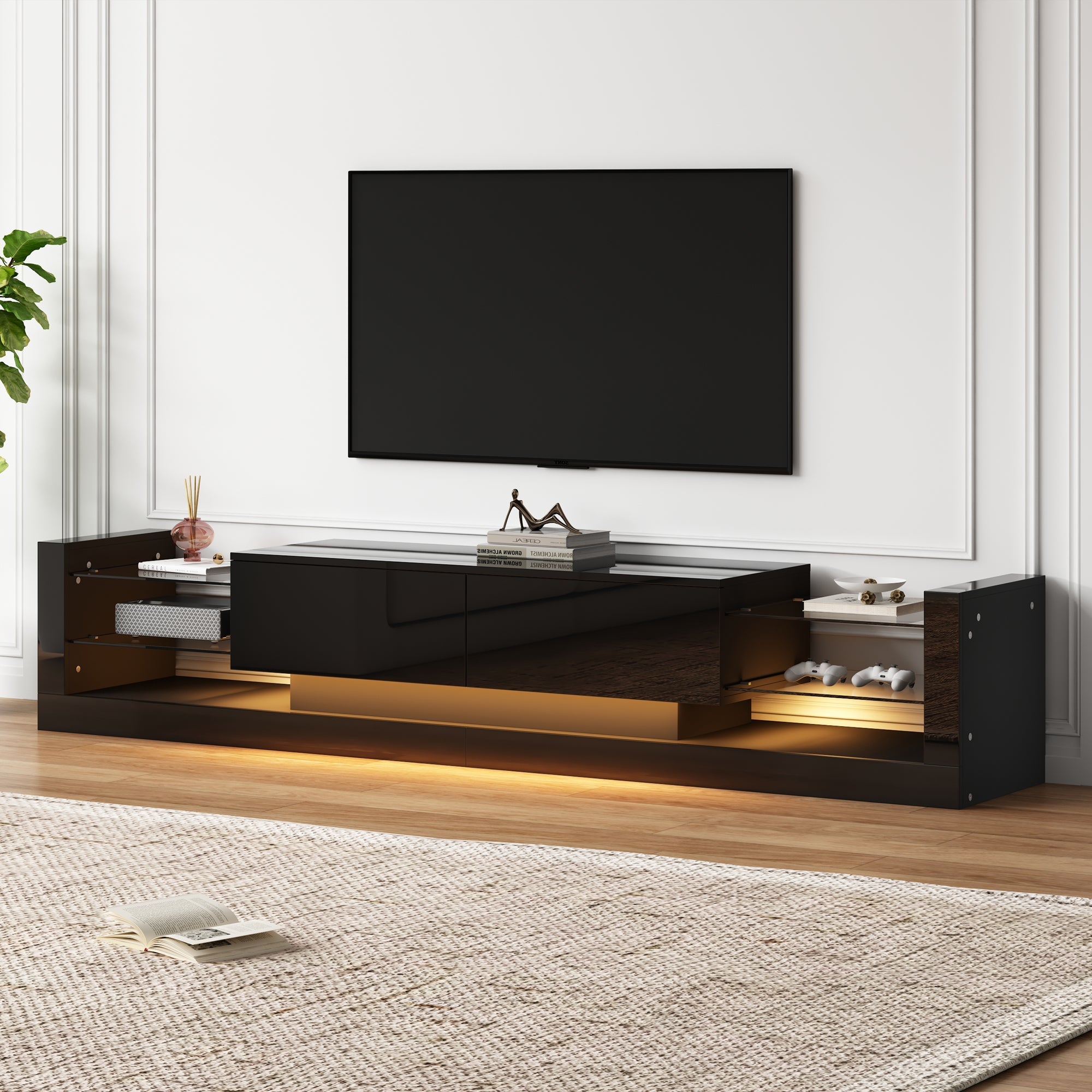 Logidon high-gloss TV cabinet 181 cm LED lighting black glass front