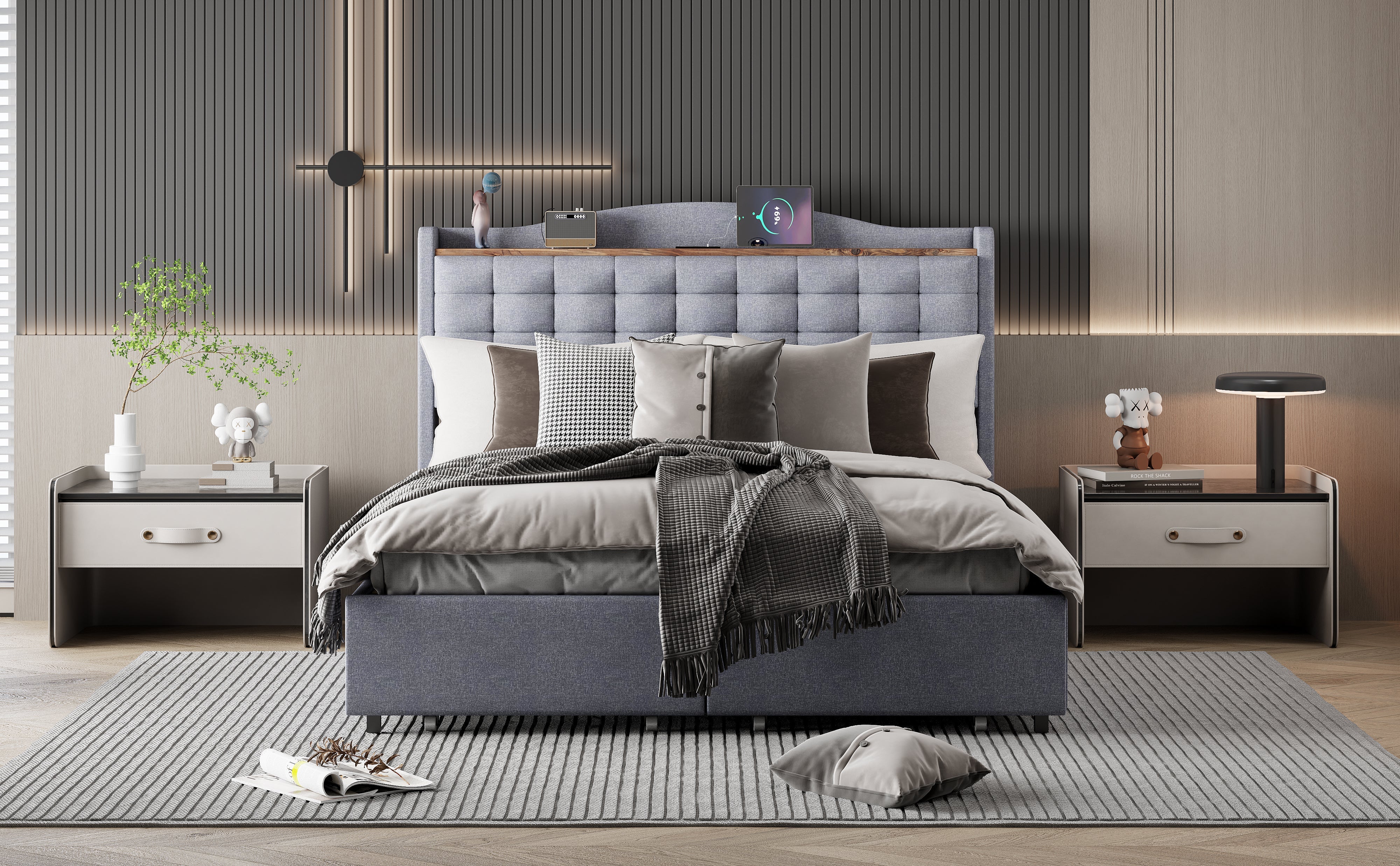 Logidon gestoffeerd bed 140x200 grijs linnen met USB-oplaadpoort