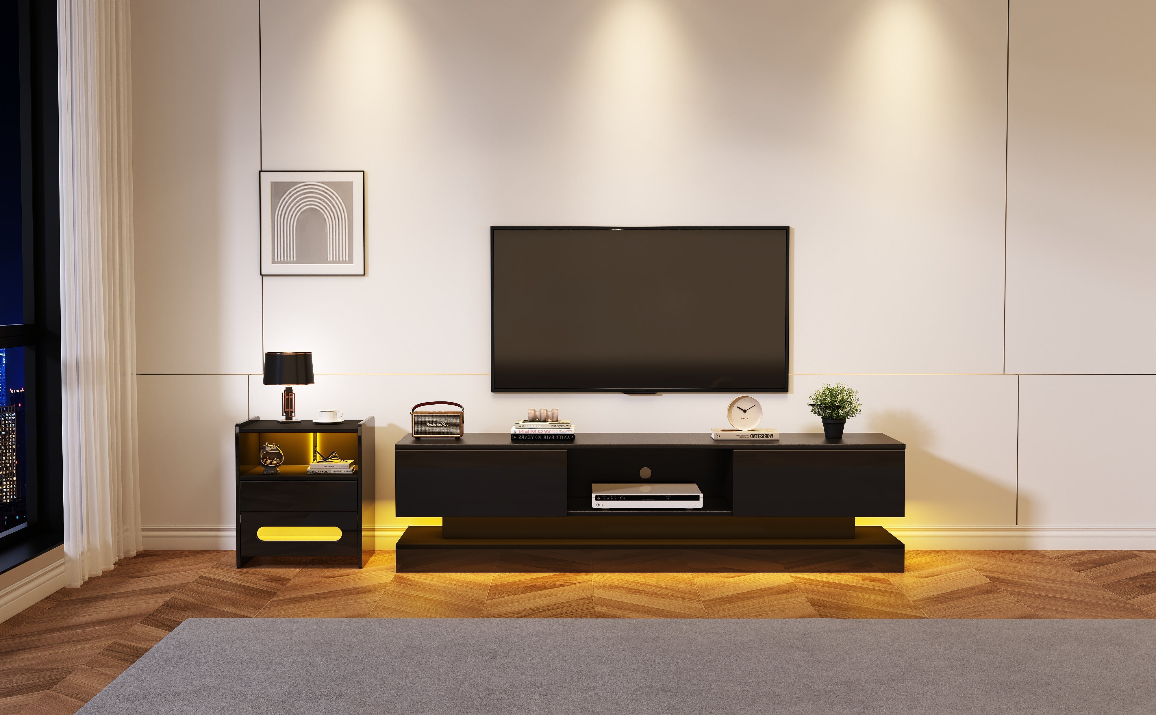 Logidon Zwart Hoogglans TV-meubel 160 CM Met LED 2 Laden
