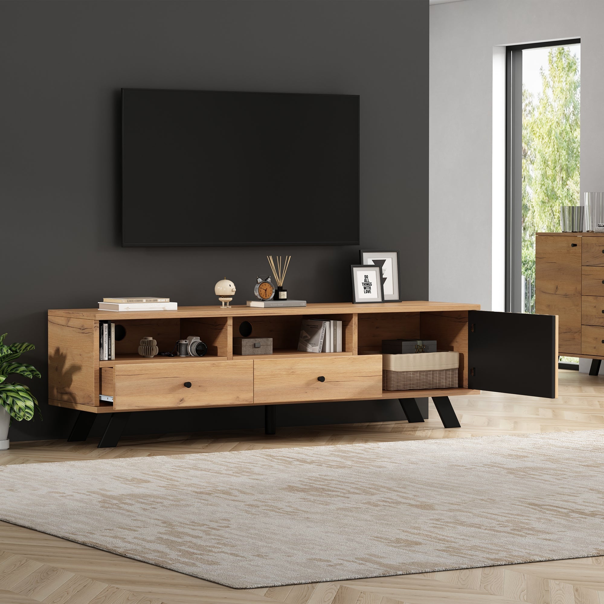 Logidon TV-meubel 150 x 38 x 44 cm natuurlijke houtlook 2 lades
