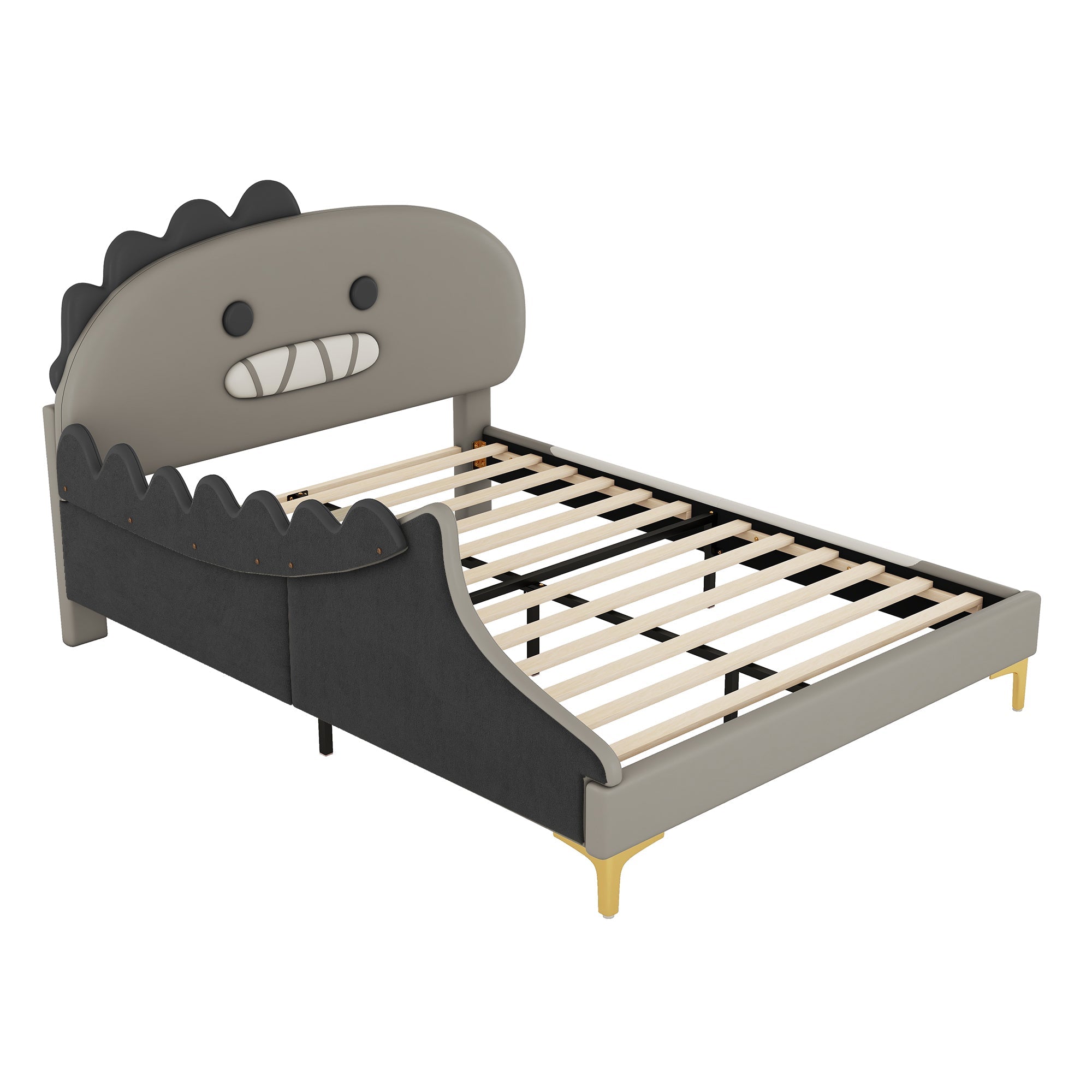 Logidon kinderbed 140x200 grijs dinosaurusvormig plat bed PU-materiaal