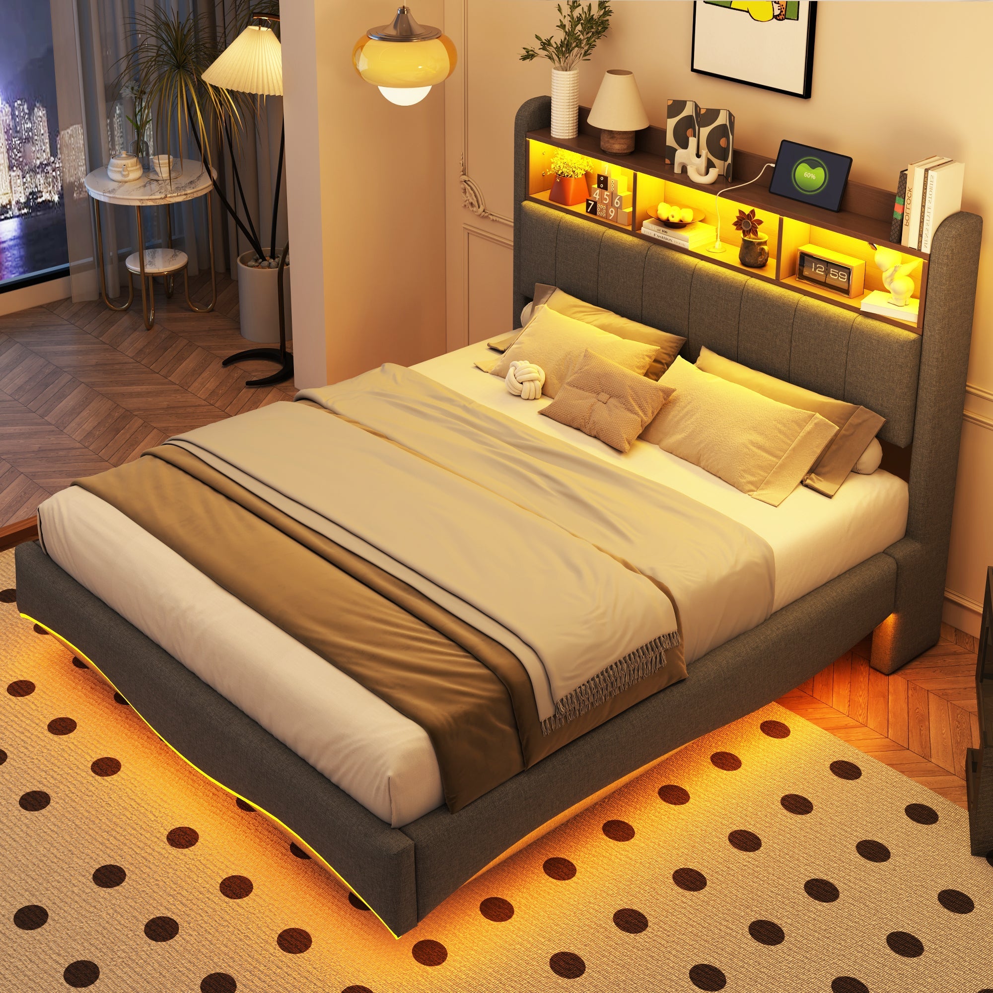 Logidon upholstered bed 140x200 gray with LED light USB storage space