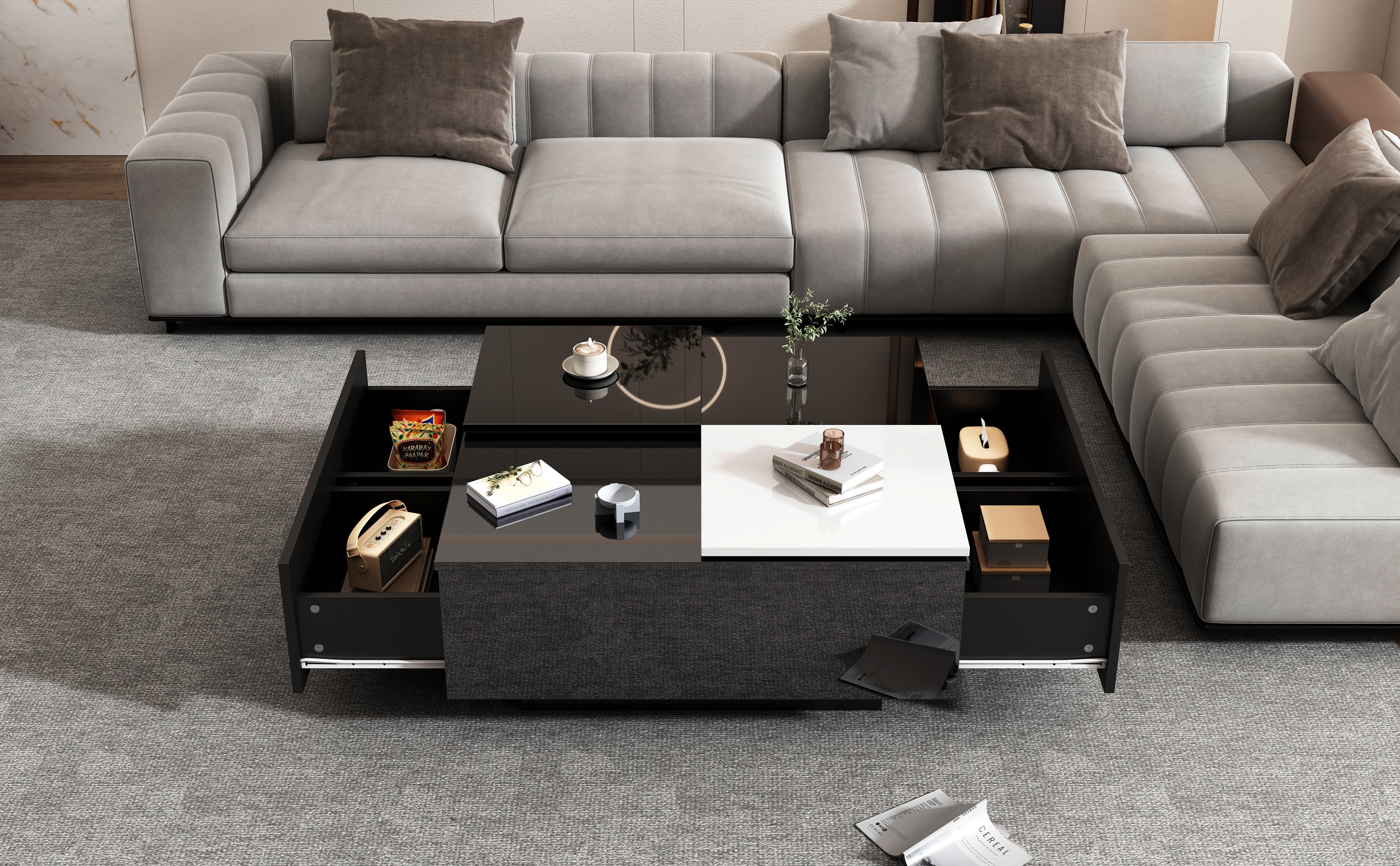 Logidon Hoogglans Salontafel Zwart Wit 75x75 Cm Met 4 Laden