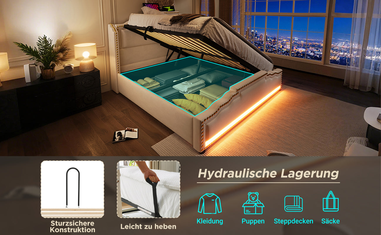 Logidon gestoffeerd bed 160x200 beige fluweel met opbergruimte LED USB C