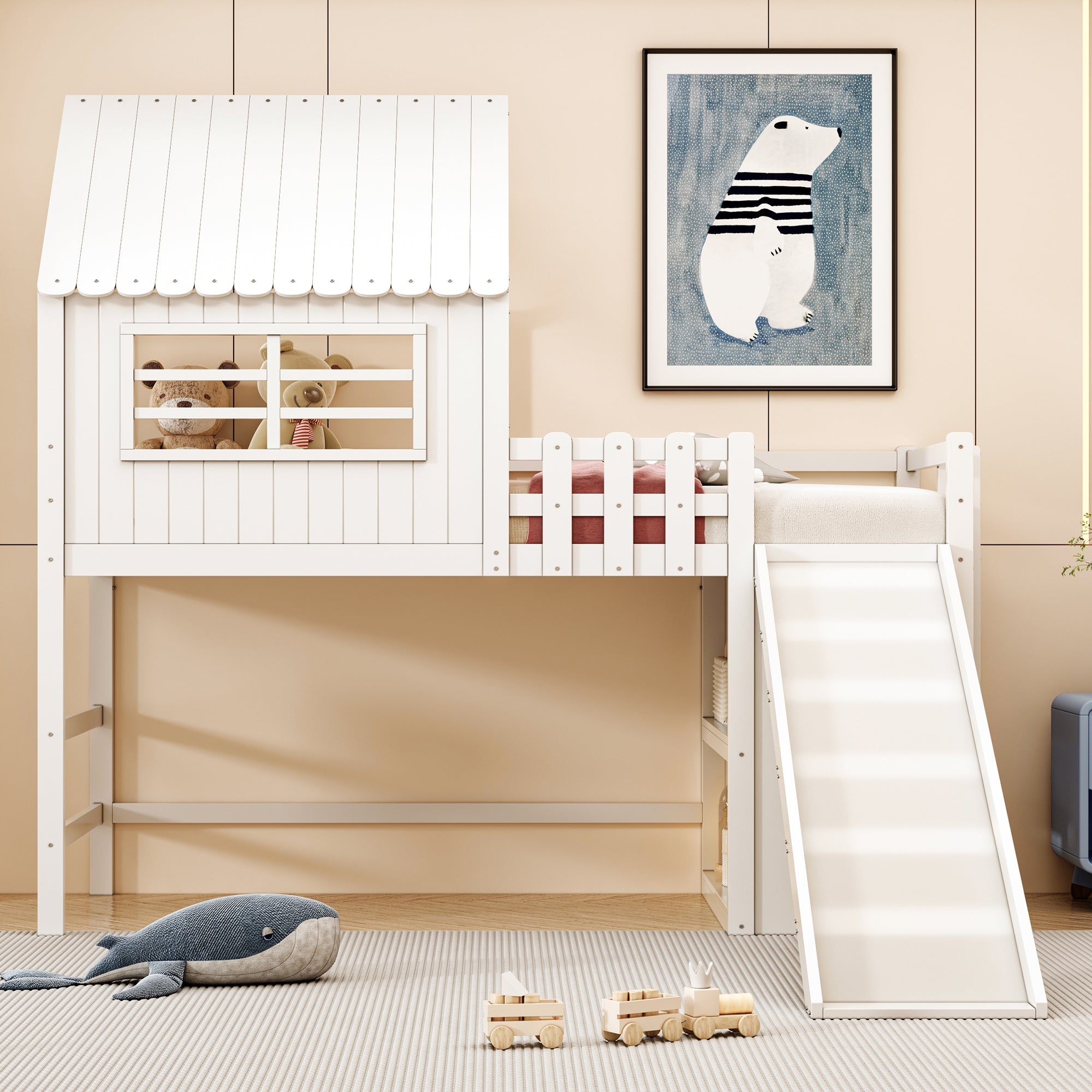 Logidon kinderbed 90x200 wit hoogslaper met ladderglijbaan
