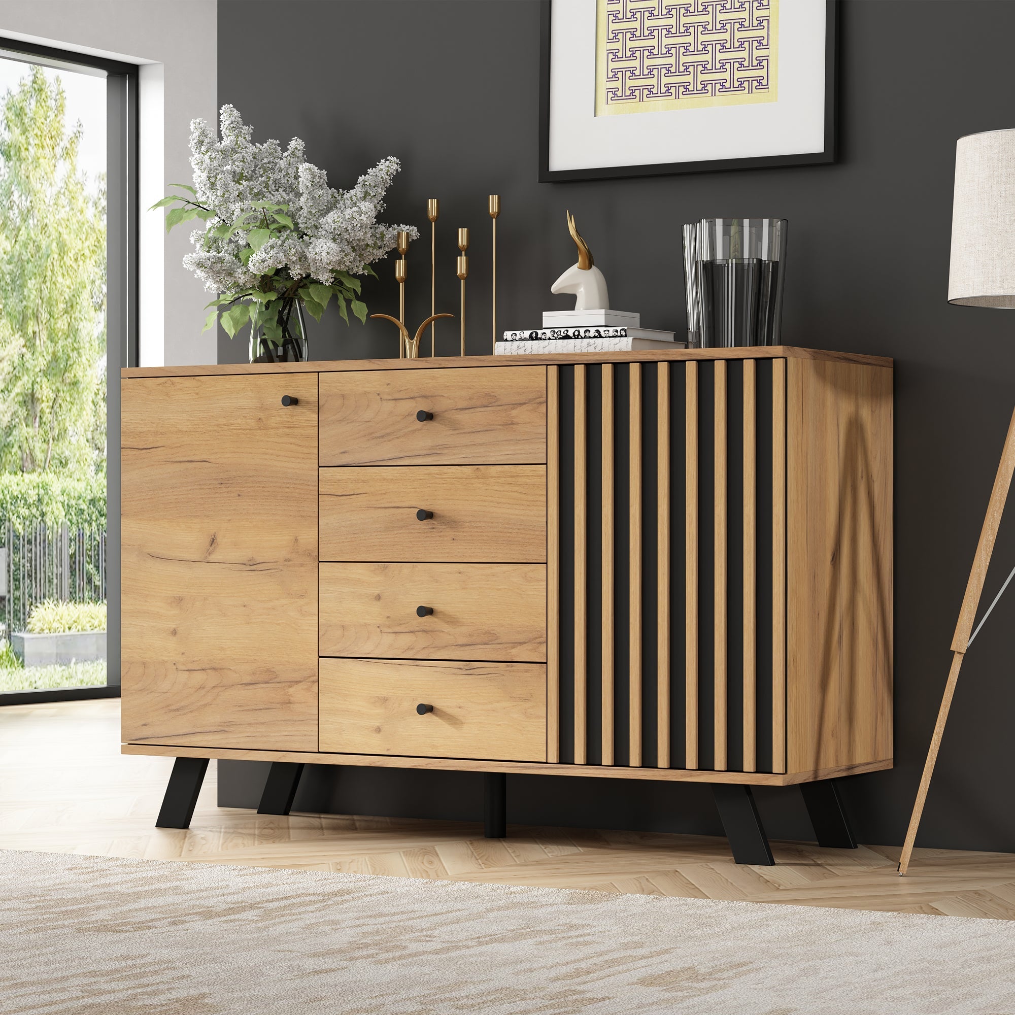 Logidon sideboard 120x38x75cm 4 drawers 2 doors hollow design