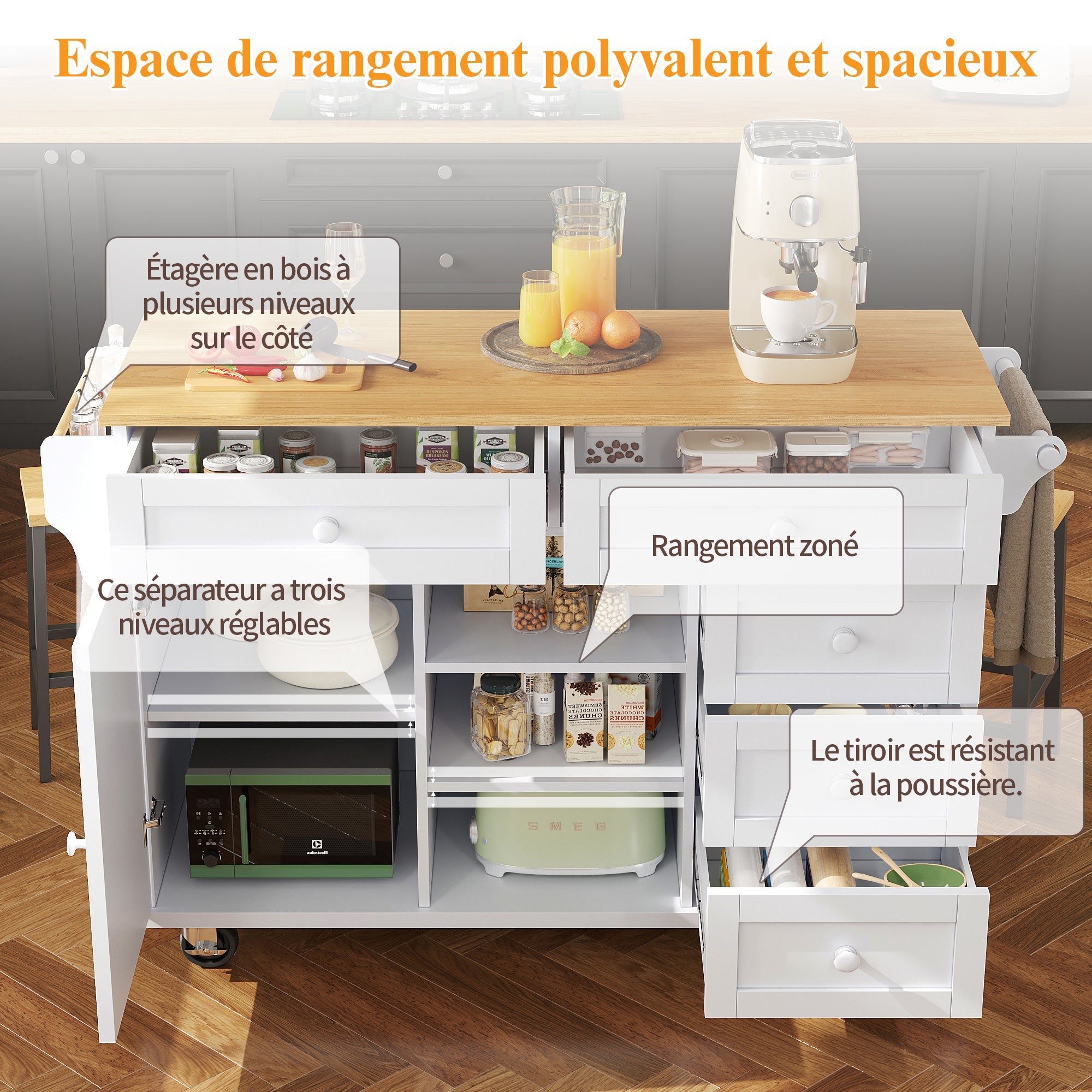 Logidon eettafelwagen 134x46x92 moderne witte keukenwagen voor tweeërlei gebruik