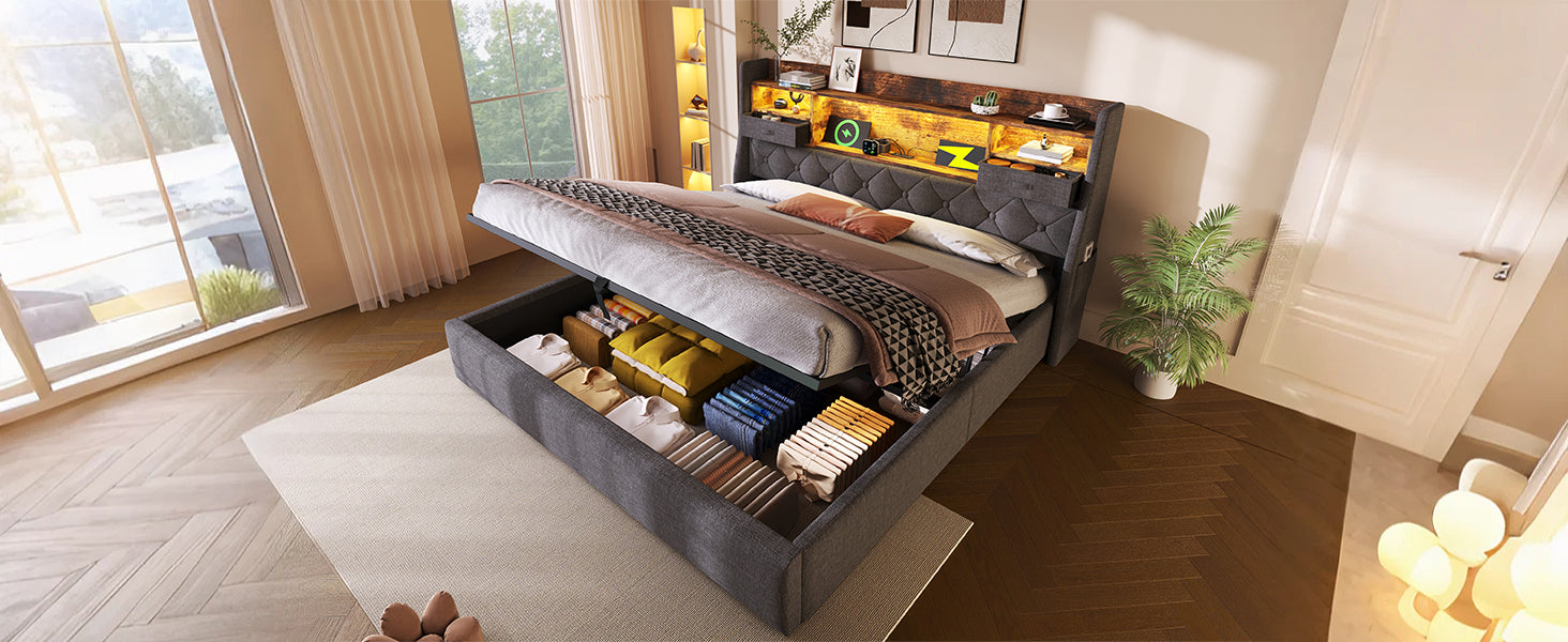 Logidon gestoffeerd bed 160x200 cm met opbergruimte, LED-hoofdbord, USB-C
