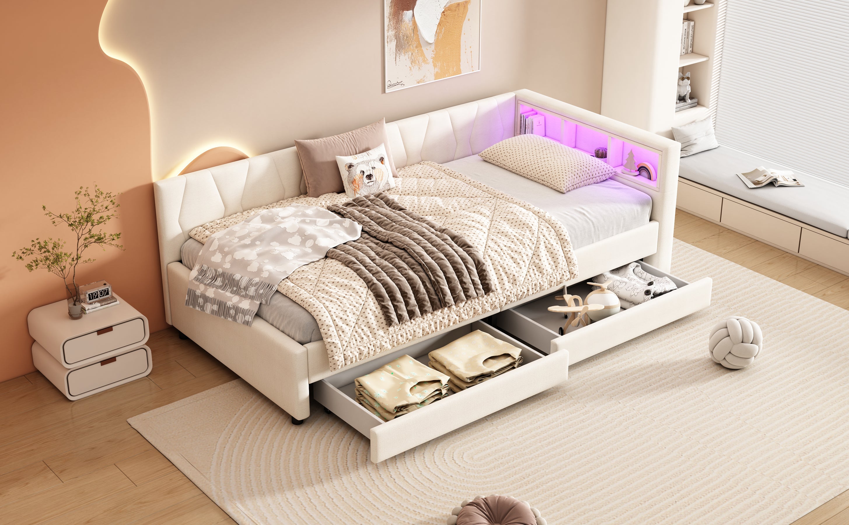 Logidon Dagbed 90x200 cm Beige Slaapbank Opbergvak met USB C LED