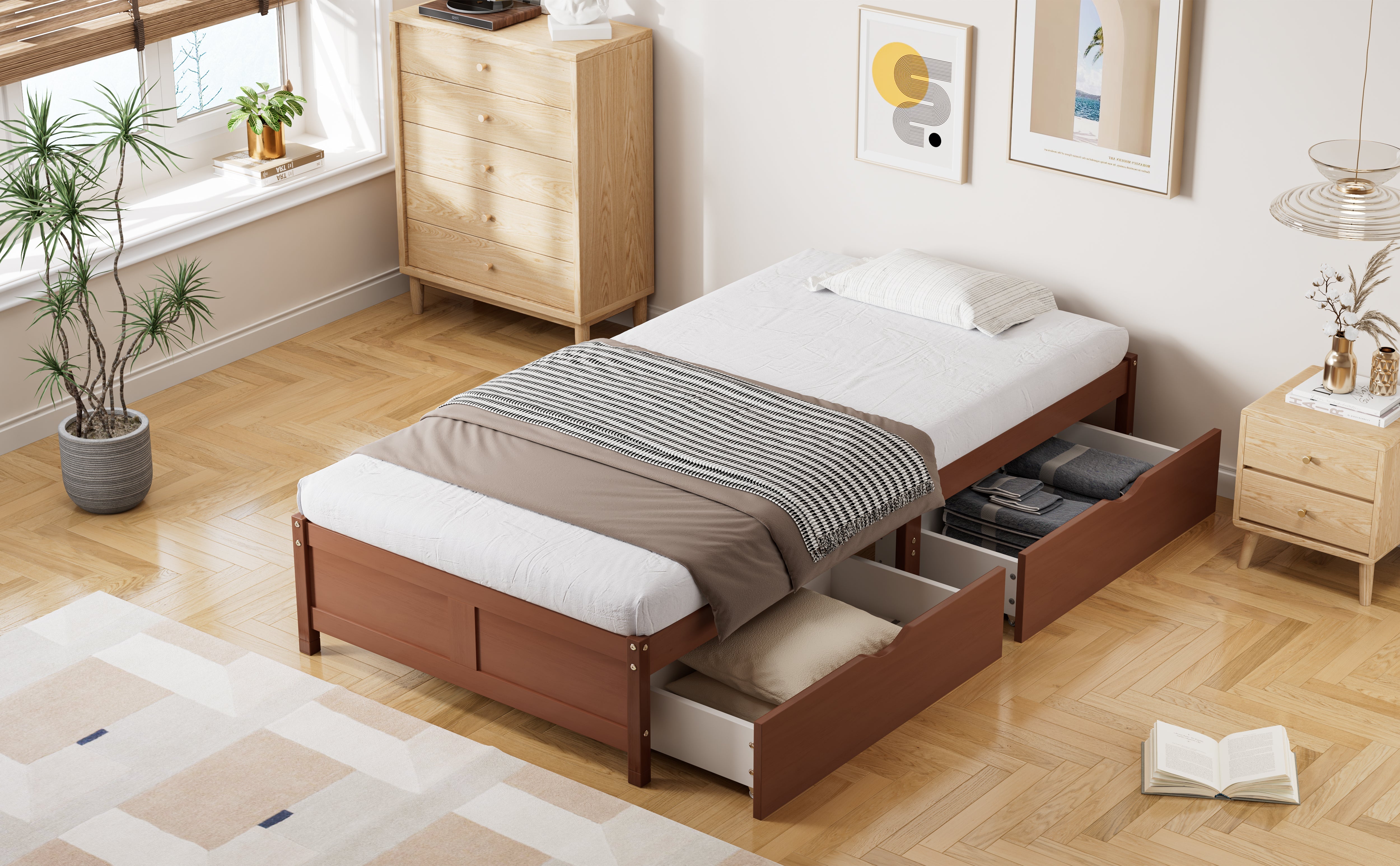 Logidon kinderbed 90x200 roodbruin houten bed met 2 lades en wielen