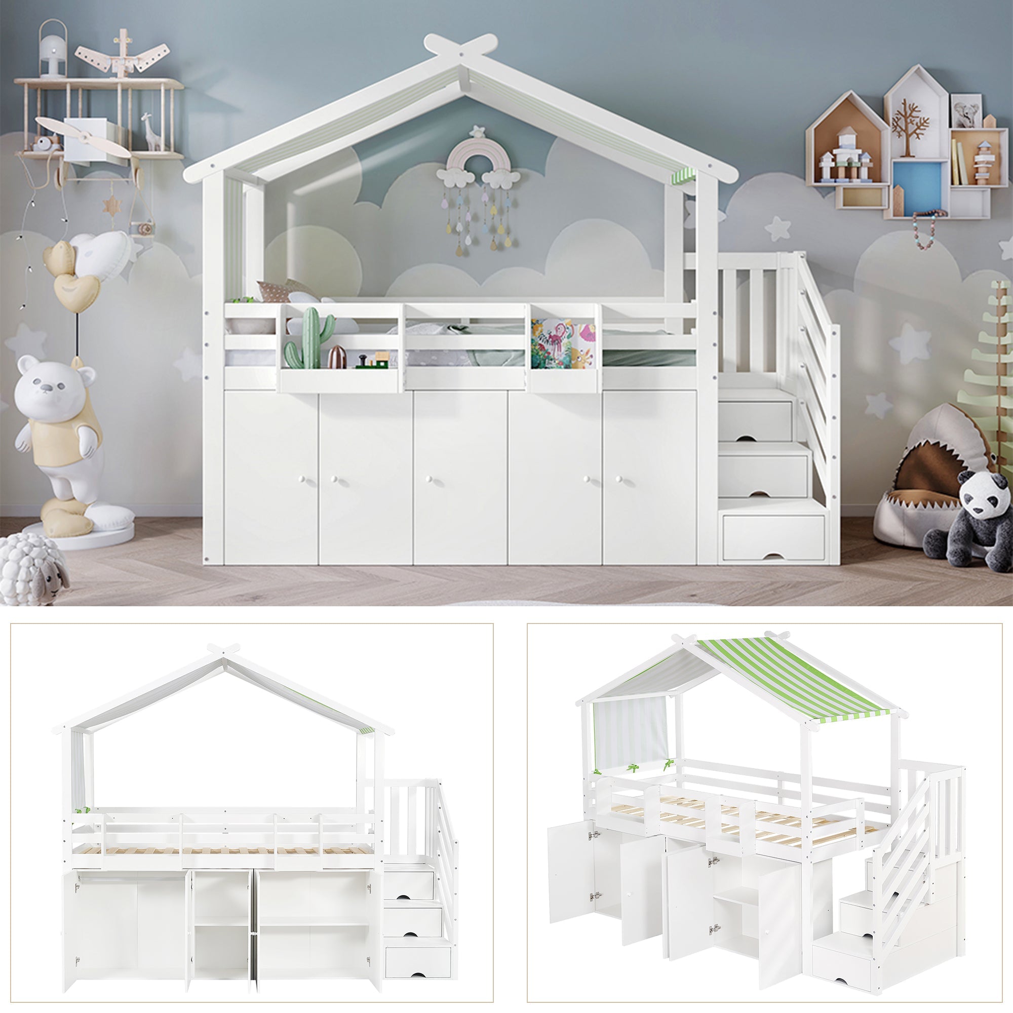Logidon Kinderstapelbed 90x200 cm witgroen met kledingkast