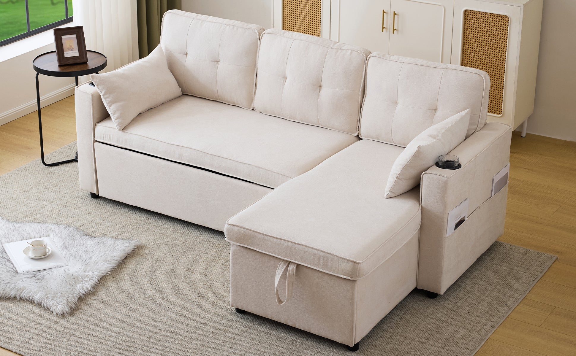 Logidon slaapbank L-vorm beige stof met opbergruimte en bekerhouder