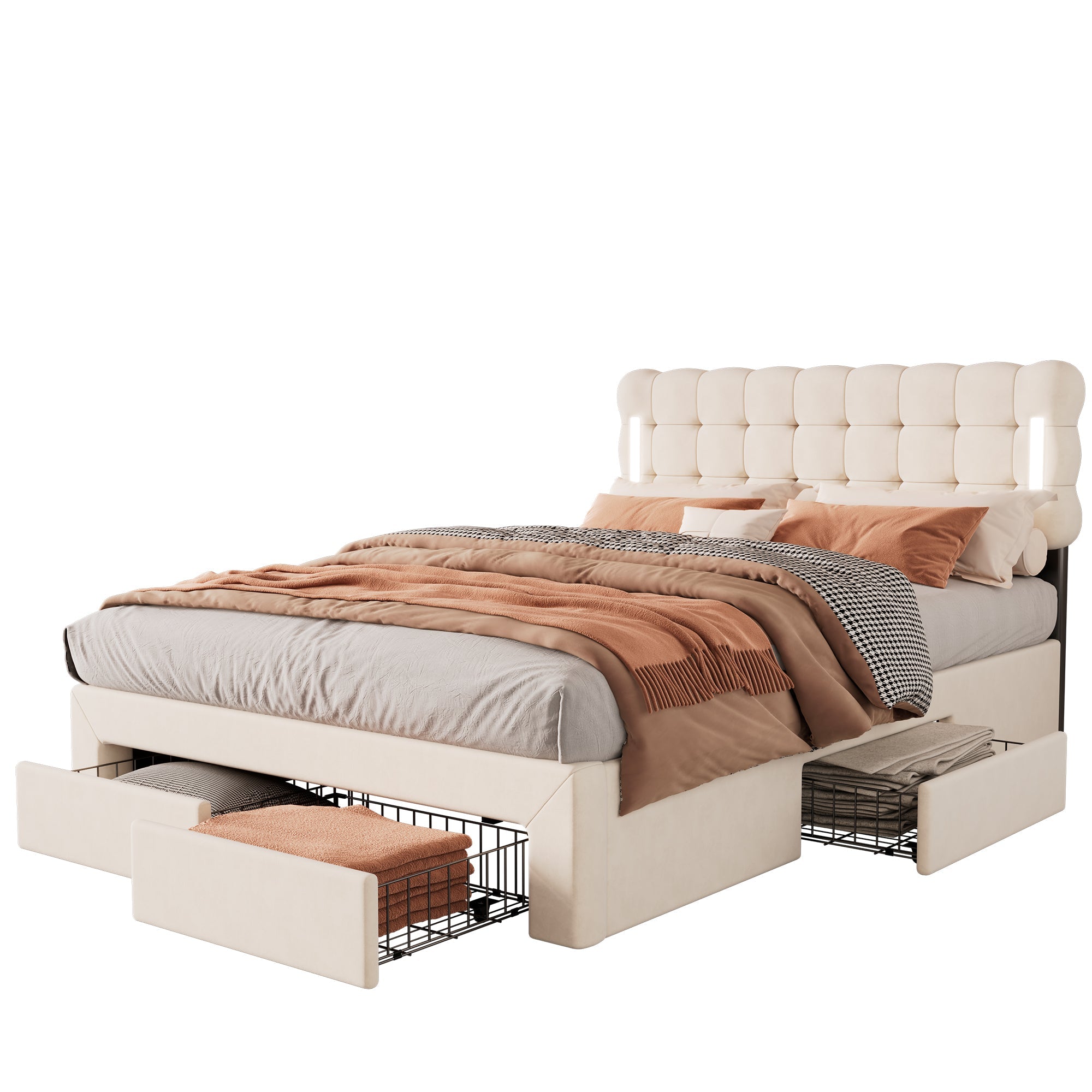 Logidon Flat Bed 140x200 Beige Velvet With Lighting And 4 Drawers