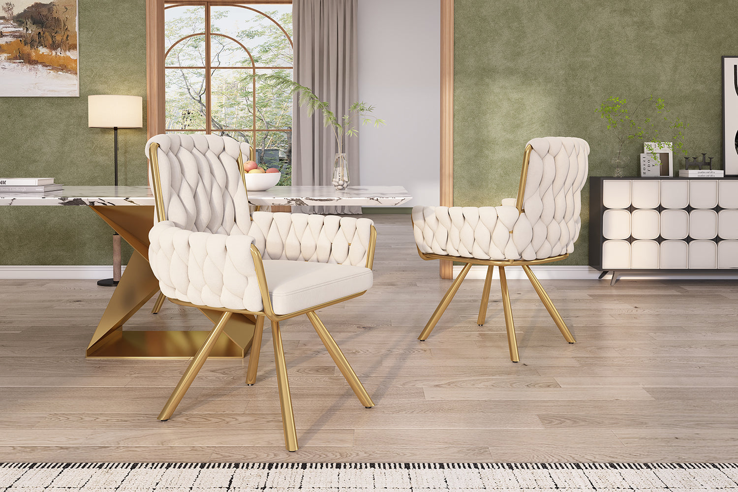 Logidon Luxe Velor Dining Table Chairs Set of 6 Beige Four-legged Swivel Chairs