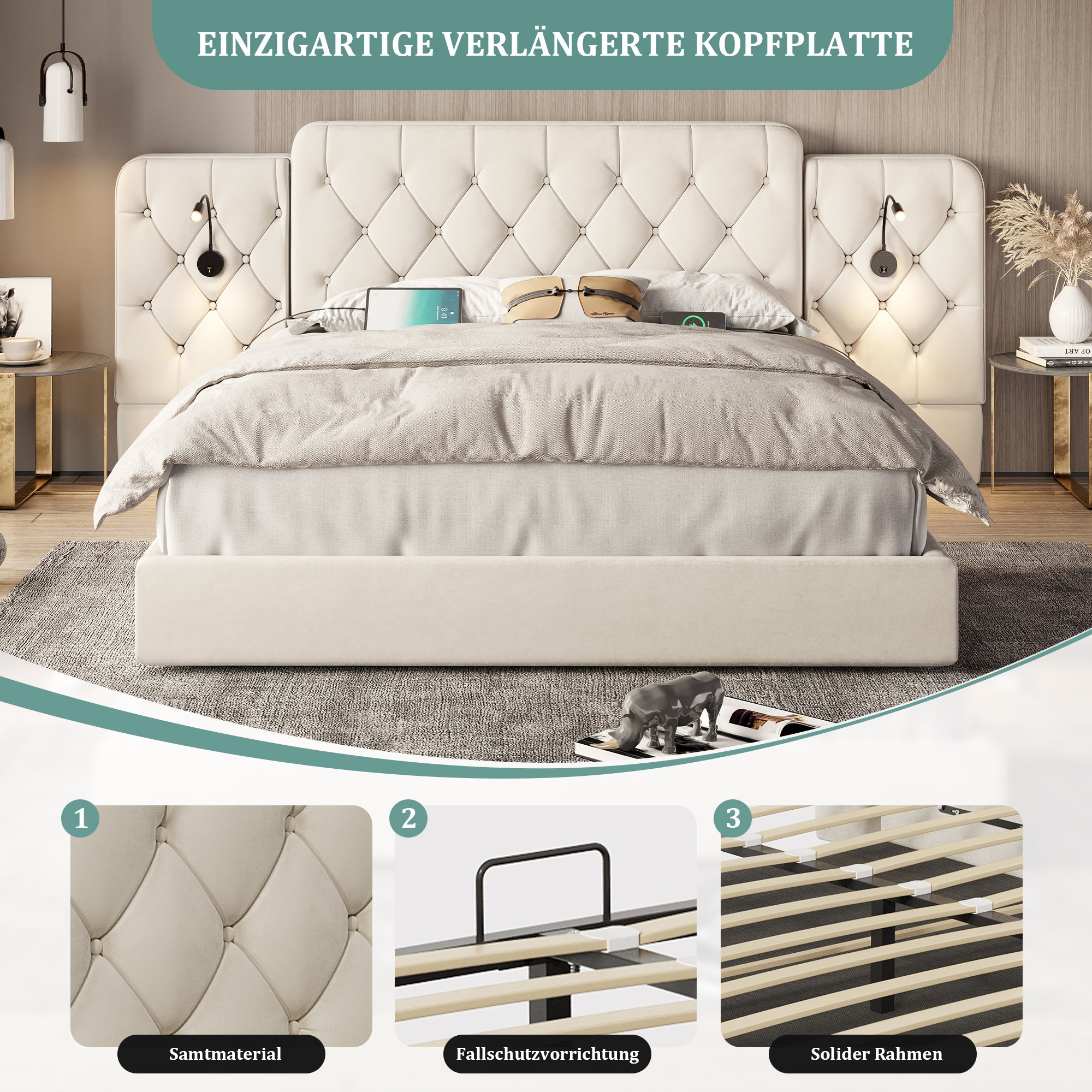 Logidon bedframe beige fluweel met lang hoofdeinde en USB-poorten