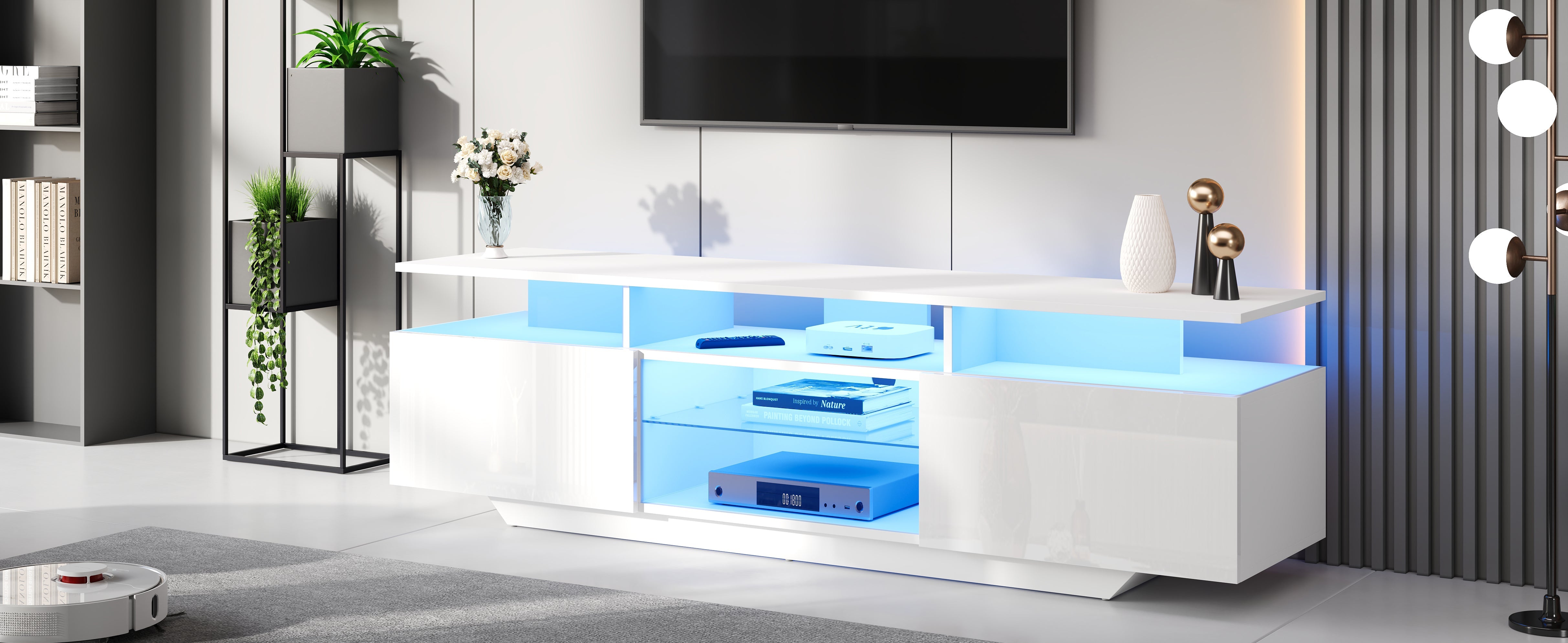 Logidon TV-meubel hoogglans wit 160 x 40 x 45 cm met LED lichtstrip glasplanken