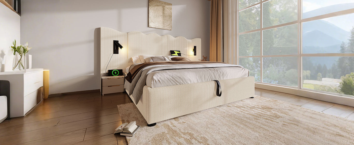 Logidon gestoffeerd bed beige-wit 160x200 met leeslamp USB-C oplaadfunctie