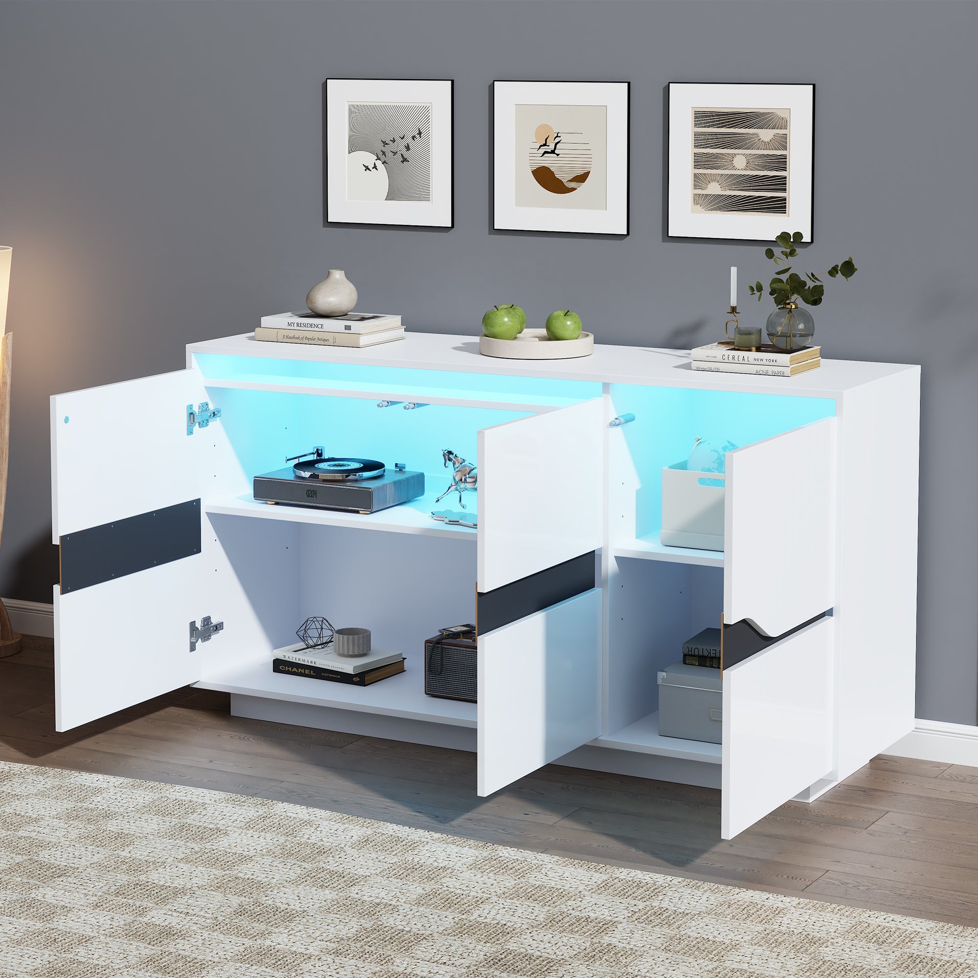 Logidon Sideboard 140x40x76 Cm White Black With 3 Doors LED